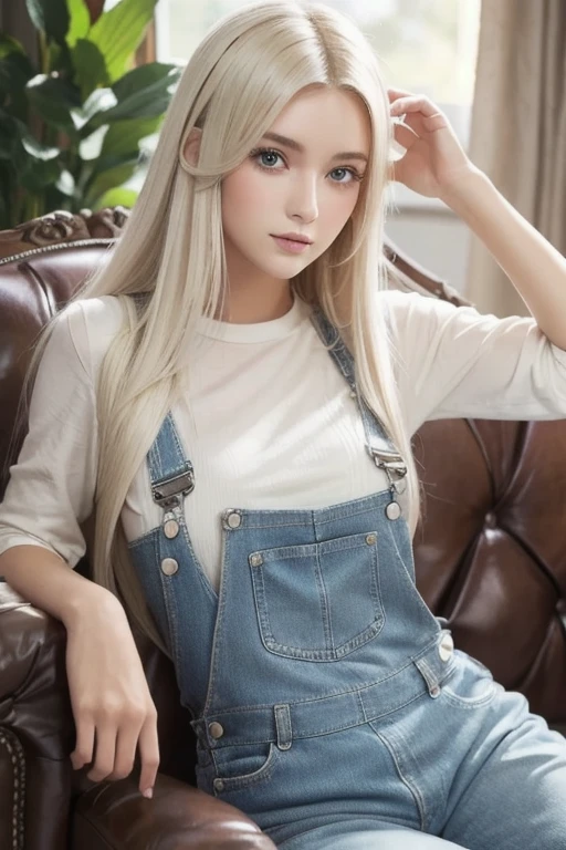 +masterpiece, highest quality, Super detailed, high school girl, beautiful face, Rich details, (long white hair), perfect face, overalls, sitting, close, Shabby sofa