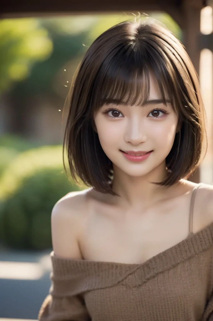 (Highest quality,8K quality,masterpiece:1.3),(Ultra-high resolution,Photorealistic:1.4,RAW Photos),(Ultra-detailed,Caustics,Detailed Background),(Ultra-Realistic Capture,Beautiful and detailed skin,Perfect Anatomy),16 years old,high school student,cute,double eyelid,Black short bob,Topless, Looking into the camera,(smile),White teeth,tilt your head slightly,(Large Bust),Close-up, Natural soft light, Looking into the camera, sunset,sunset,garden,Backlight, 