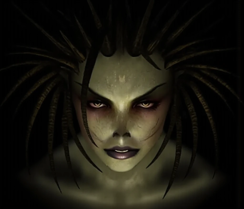 beautiful, masterpiece, best quality,perfect lighting, <lora:Kerrigan:0.8>, Kerrigan, 1girl, solo, upper body, bodysuit, glowing, dark theme, horror, portrait, side, looking at viewer, teeth, angry,
