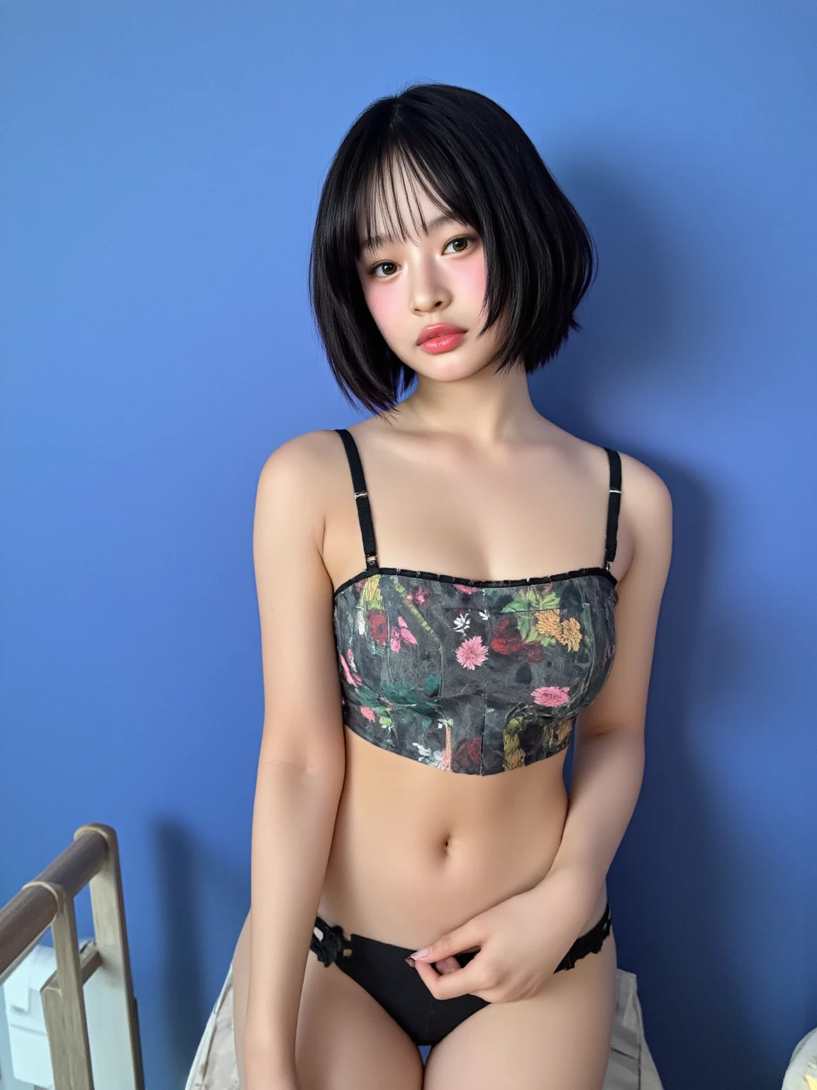 ​masterpiece, top-quality, 1girl in, 独奏, bra very, Denim shorts, a choker, (doodle:1.5), Paint Splatter, arms behind back, Hitting a wall, Look at viewers, Armbands, Thigh strap, Paint on the body, tilt of the head, tedium, O cabelo multicolorido, Aqua Eye, headset on head,