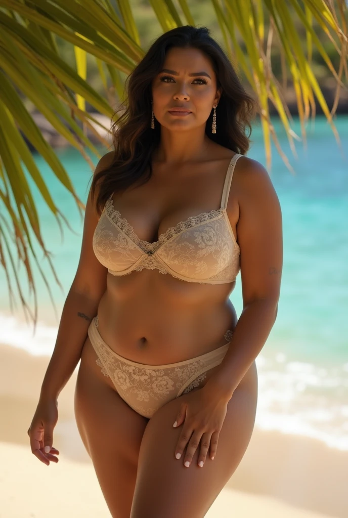 (upper body) (plus size:1.1) woman earrings wearing (loose elegant bralette:1.5), (visible chest:1.5), (large bossom:1.3), (sagging bossom:1.9), (ultra detailed skin:1.1), extremely detailed, garden with morning light scenery, warm lighting, canon lens, shot on dslr, 64 megapixels, sharp focus, (photorealistic:1.3)