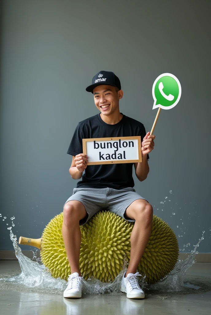 3D caricature, a young Indonesian man, undercut hair, green jacket, the name YUDI written on the front of his jacket, white jeans, facing front, sitting on a white Vespa, 3D green background