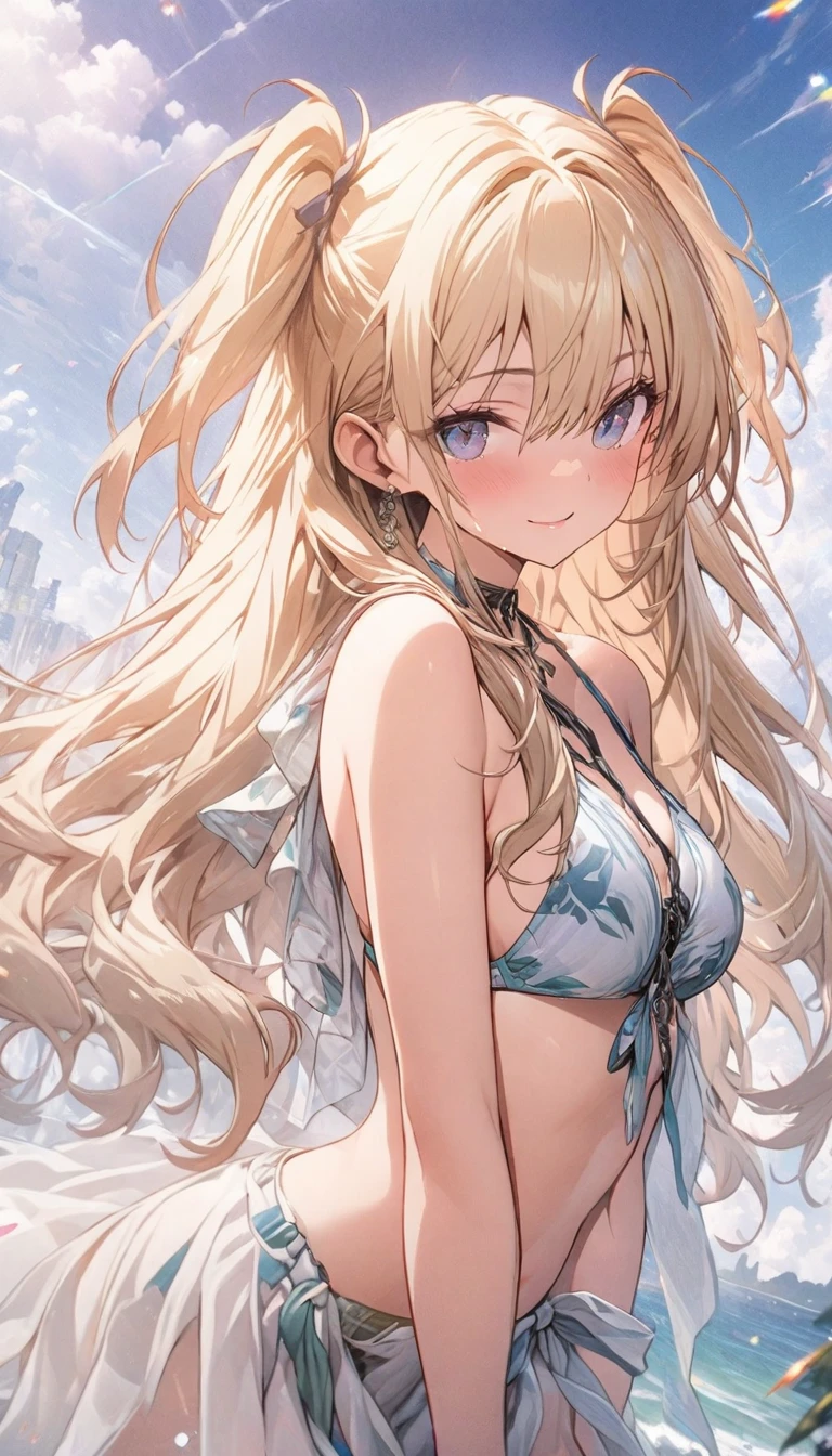highest quality、Highest image quality、masterpiece、Super beautiful elf girl facing backwards((22 years old OL big bust、Bust 98,beautiful long ironed hair、blonde、、nice buddy、slender、Close-up、Esbian、High quality、beautiful art、background blue sky sunny sky、beautiful sea、Mid summer、muste piece、visual art、Depth of bounds written、low angle of morning sky、magic of light、space knight、、A happy smile、gentle light、、Beautiful legs that are gentle on the skin、、、Number of fingers to achieve precise finger movements、ticker beautiful decorative、elegant、mystical　rosa、　 beautiful dressy、、、renaissance art、friendly smile、美しいプリズム青水着ビキニ👙セパレート、Bra and panties separate、Bikini Gravure、Sea of Coral、Hawaii、intense action、Powerful angles、MAX sense of speed、jump、beautiful butt、big ass、back view