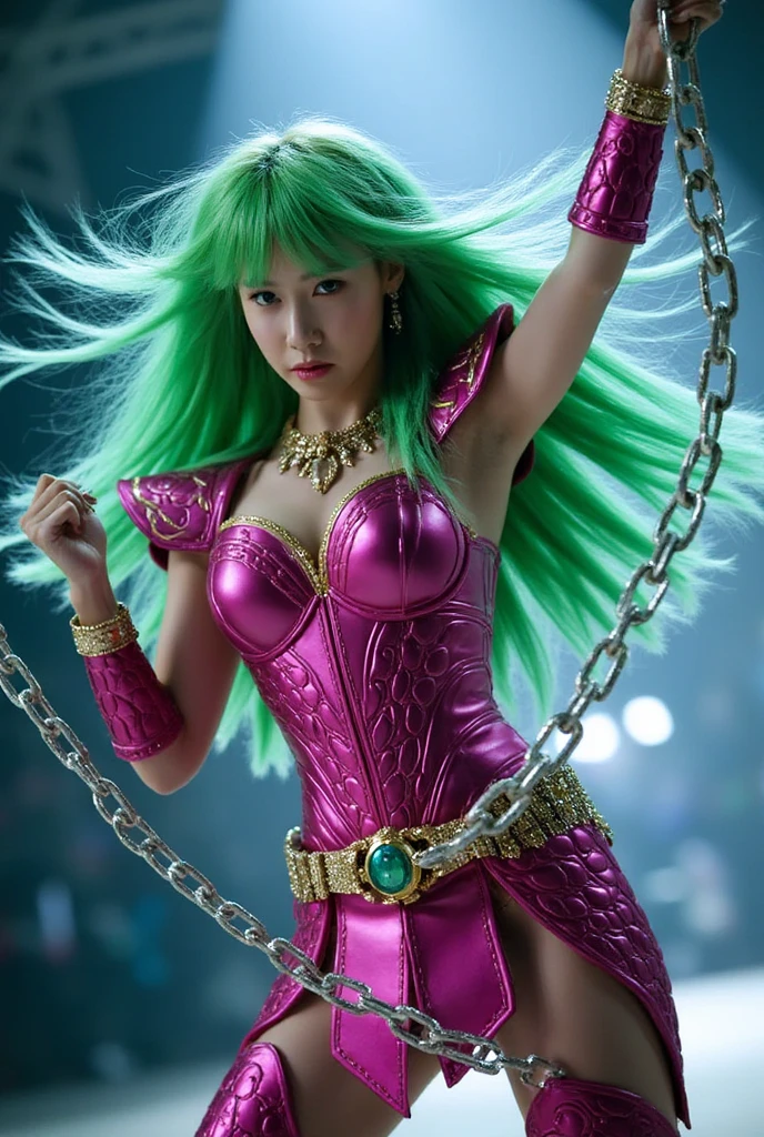 In the martial arts arena of the Colosseum in Greece、Martial Arts Tournaments、Saint Seiya、Beautiful One Girl、huge-breasted、cleavage of the breast、beauty legs、(((He wears a glittering futuristic combat armor in metallic red)))、((Metal Armor))、Shining silver chains are connected from all sides、Unbelievable number of glittering chains、Armed with chains、((Scream))、((exclamation))、((fighting poses))、8k, top-quality, (pubic hair beauty)、hight resolution, 逼真, realperson,