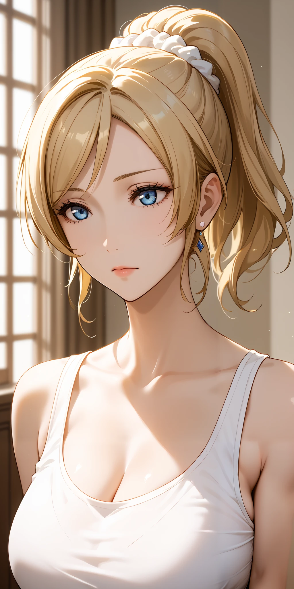 Score_9, Score_8_up, Score_7_up, Source_anime, highres, very aesthetic, masterpiece, high quality, 1girl, cool mature woman, milf, curvaceous, lovelive_eli, blonde hair, swept bangs, ponytail, white scrunchie, blue eyes, home, upper body, tank top, expressionless