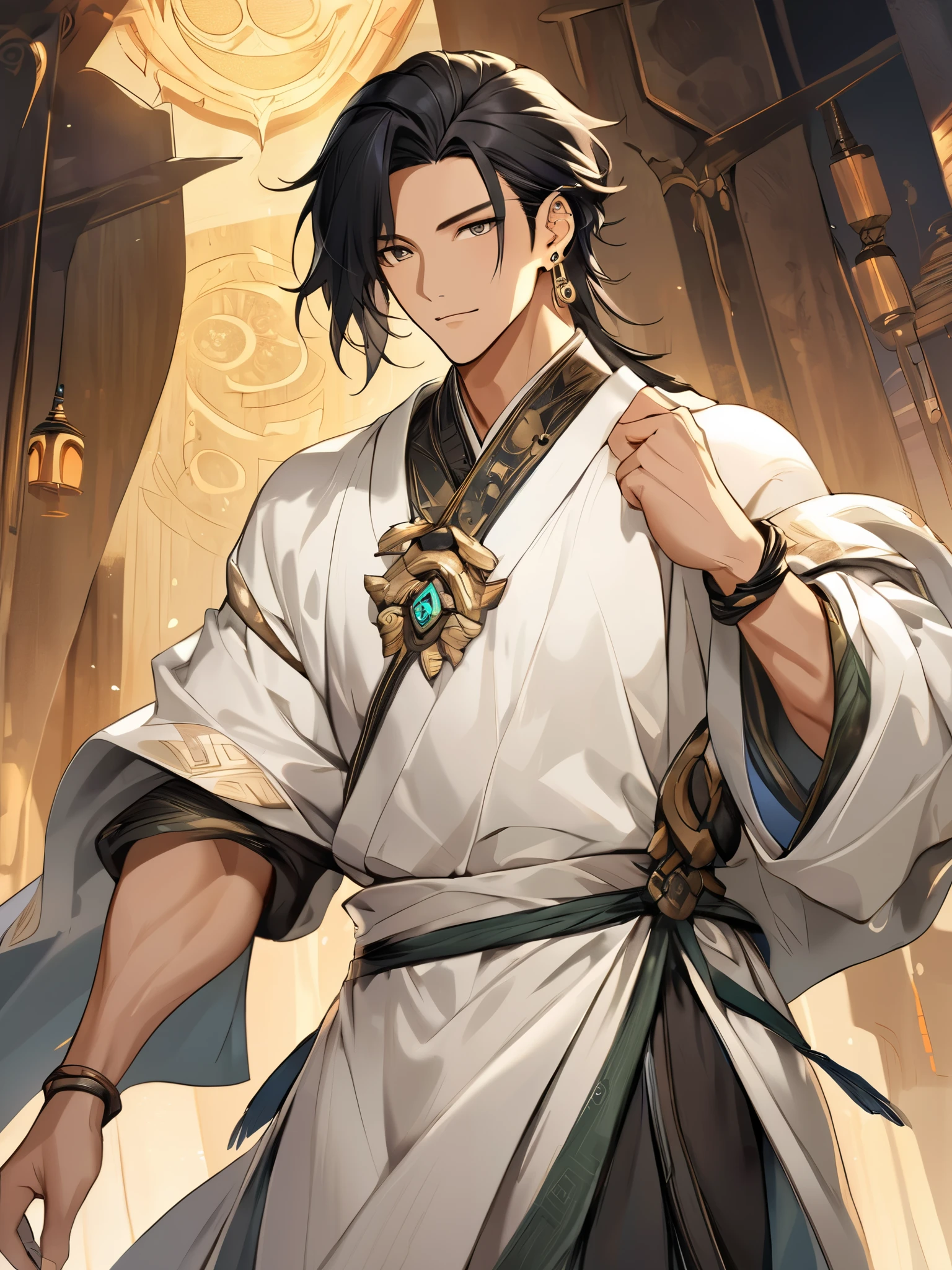 Handsome asian young man, warm skin colour, wheatish complexion, tall and fit man, white ancient traditional robe, ear ring for men, ear piercing, black hair, short hair, gentle and confident smile, fantasy concept art, high quality anime