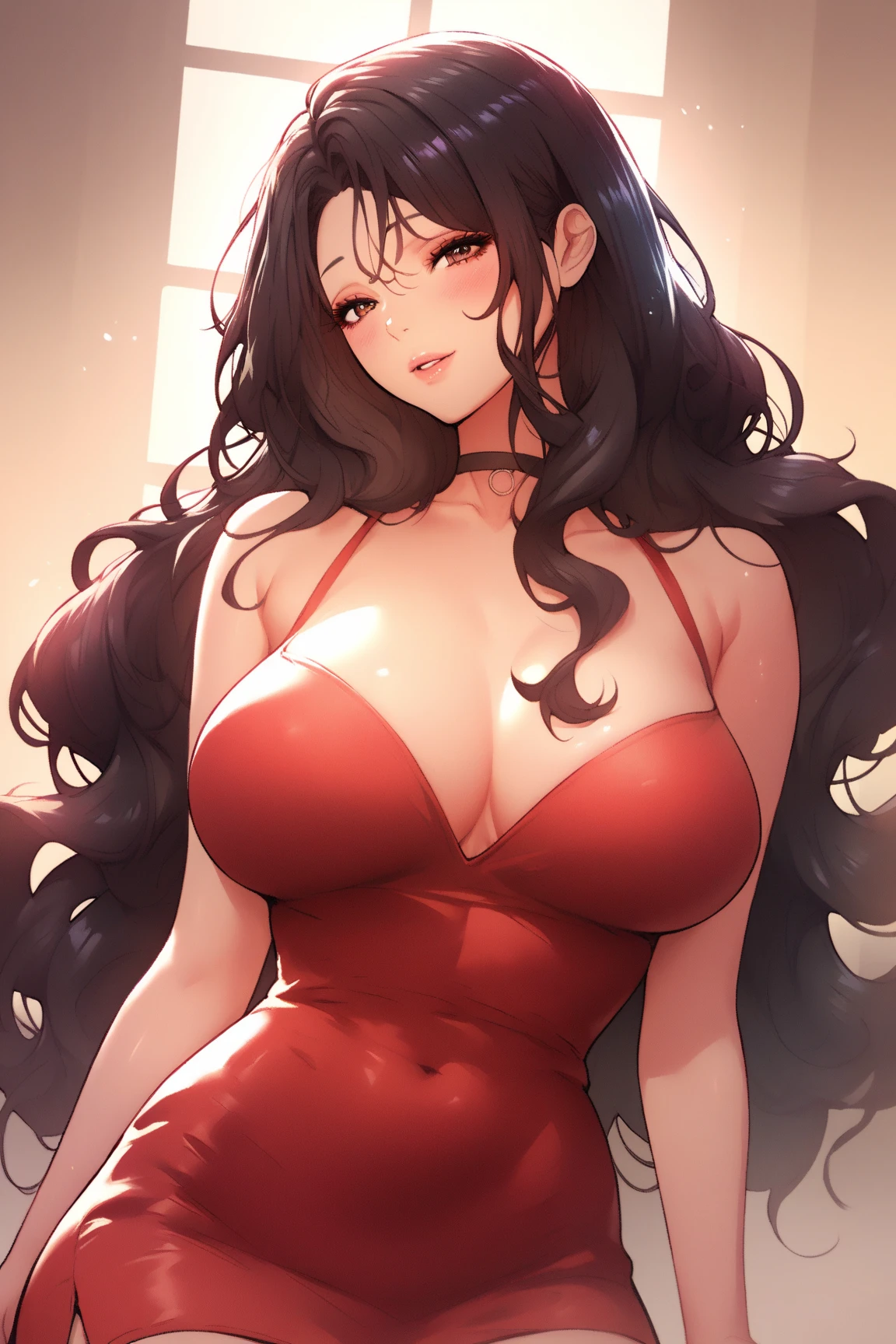 score_9, score_8_up, score_7_up, score_6_up, score_5_up, score_4_up, yu hee, brown eyes, black hair, long hair, large breasts, red short dress, bare shoulders,
