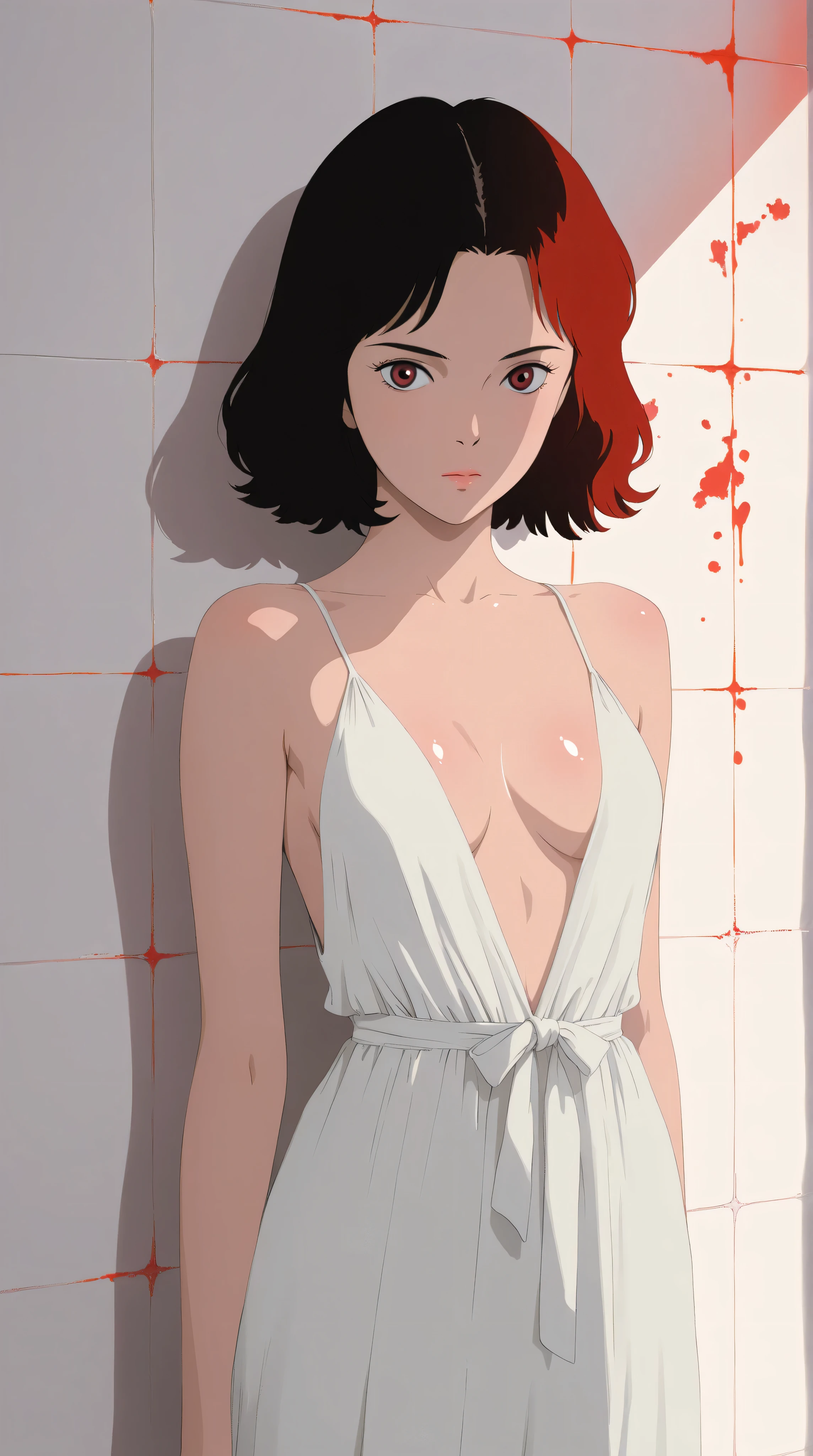 Kizi,Highly detailed, Amazing work,Vitreous luster,((clean backdrop)),In black,(((red colors))),white color,Best quality at best,clean backdrop, shiny skin, goth, plunging neckline, small breasts, cleavage, ghibli,