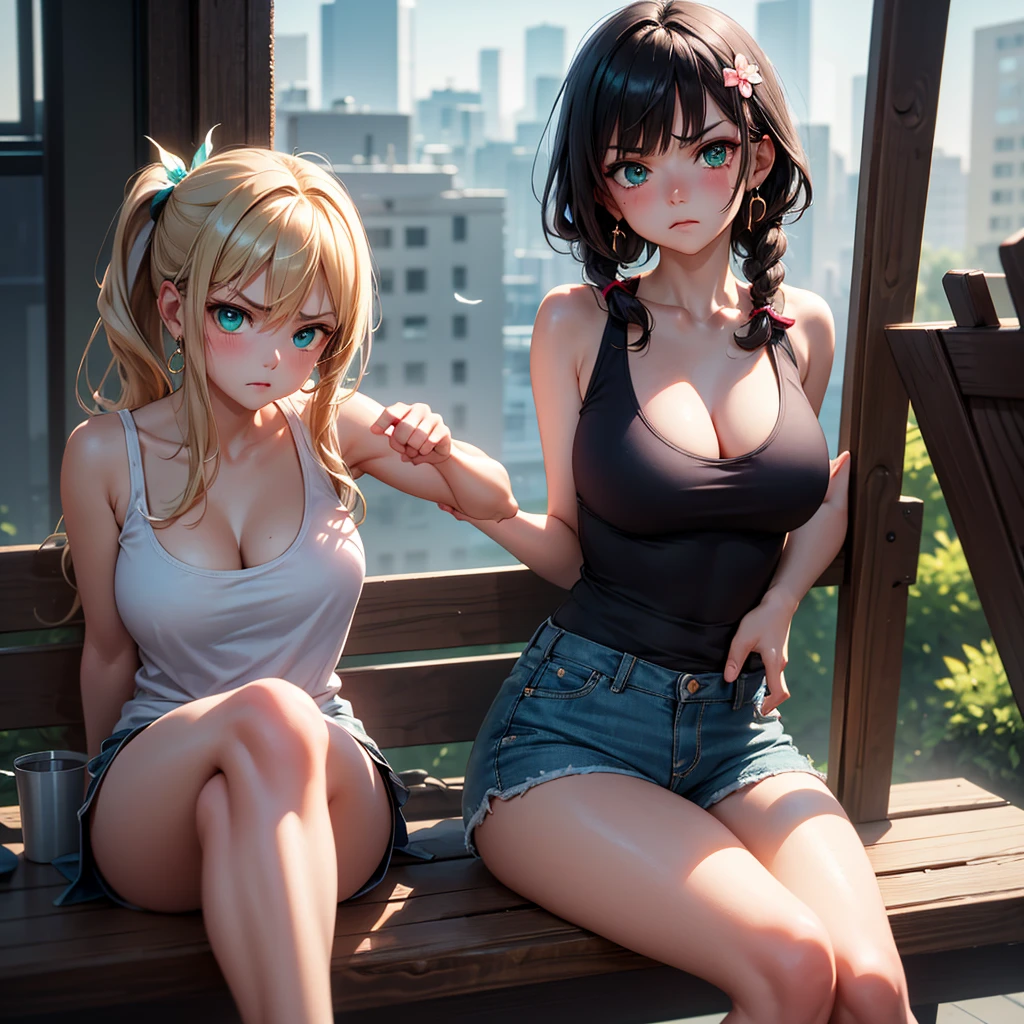 (masterpiece:1.2, Highest quality), (Realistic photos), Beautiful illustrations, (Natural side lighting, Cinema lighting),(2 people:1.2), Japanese, 20-year-old female, Perfect Face, Symmetrical cute face, Glowing Skin,Black straight long hair、Blonde Short Hair、Dark blue eyes, (Huge breasts:1.2), Cleavage、Earrings、necklace、bracelet、Slender build、Beautiful Hair, Beautiful Face, Fine and beautiful eyes, Beautiful body, Beautiful breasts,Mini Dress、smile、Blushing、whole body、sit side by side、bench、garden