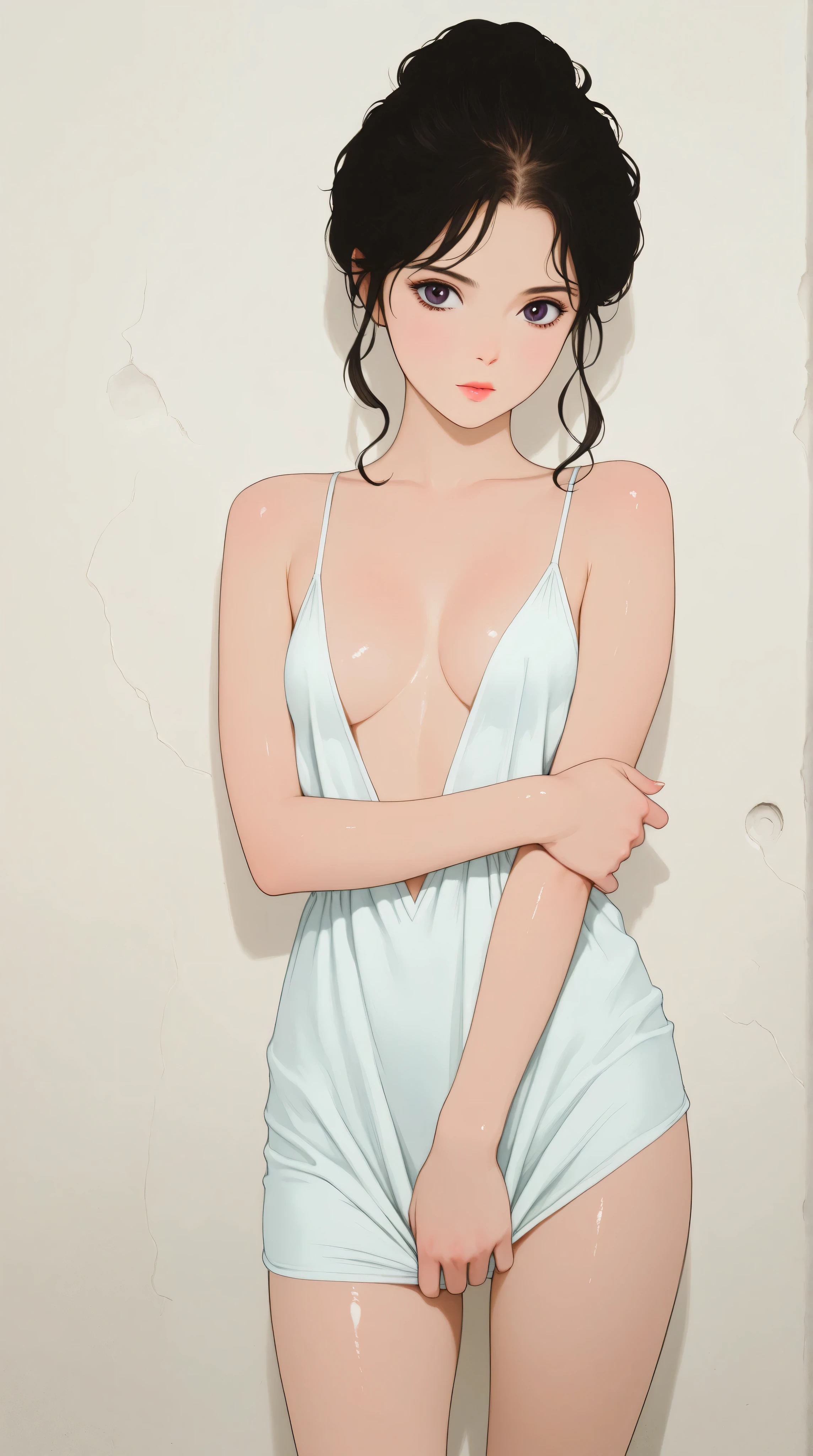 Kizi,Highly detailed, Amazing work,Vitreous luster,((clean backdrop)),In black,red colors,white color,Best quality at best,clean backdrop, shiny skin, goth, plunging neckline, small breasts, cleavage, ghibli, popart expressionist artwork,