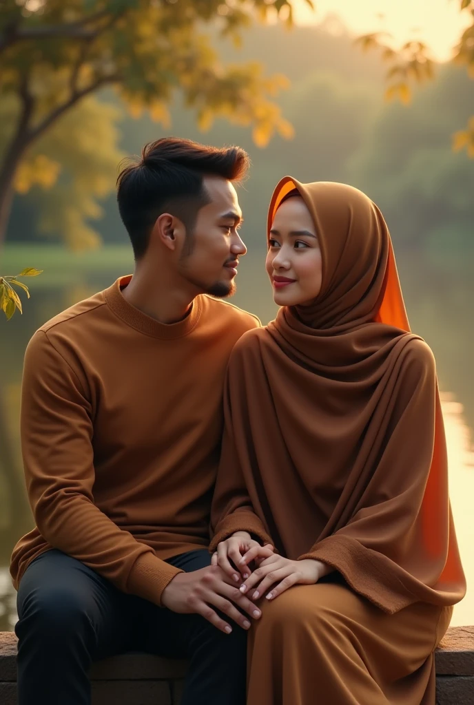 Hyper realistic, a 28 year old Indonesia man sitting on the bench park, ideal body, look straight ahead, wearing dark red flannel shirt and dark ripped jeans pants and black hiking hi-shoes with black backward trucker hat, wear dark leather backpack, wear headphone, masculine photoshoot pose, arrogant man expression, together with his beautiful girlfriend wearing white hijab and white long dress and holding a flowers, happy, romantic, Bandung night town as background. Use soft photography lighting. top lighting. top lighting, slide lighting, high quality photos, UHD, 64k. shot with Canon EOS 5D Mark IV, cinematic portrait, Realistic face, not changing face, no mustache, Real photo, unchanging face, background change. Real Picture 8k ultra, man, gamer, hyper detailed, sharp focus, studio photo, intricate details, highly detailed, photo real, bright colors, digital graphics, unreal engine, blender art, perfect composition, octane rendering, masterpiece, sharp focus, high detail, art station, concept art, perfect composition, a model of ultra-high quality and clarity, perfect play of light and shadow, 32k UHD, hyper-detailing, complex artistic masterpiece, ((best quality)), ((masterpiece)), (detailed), perfect face