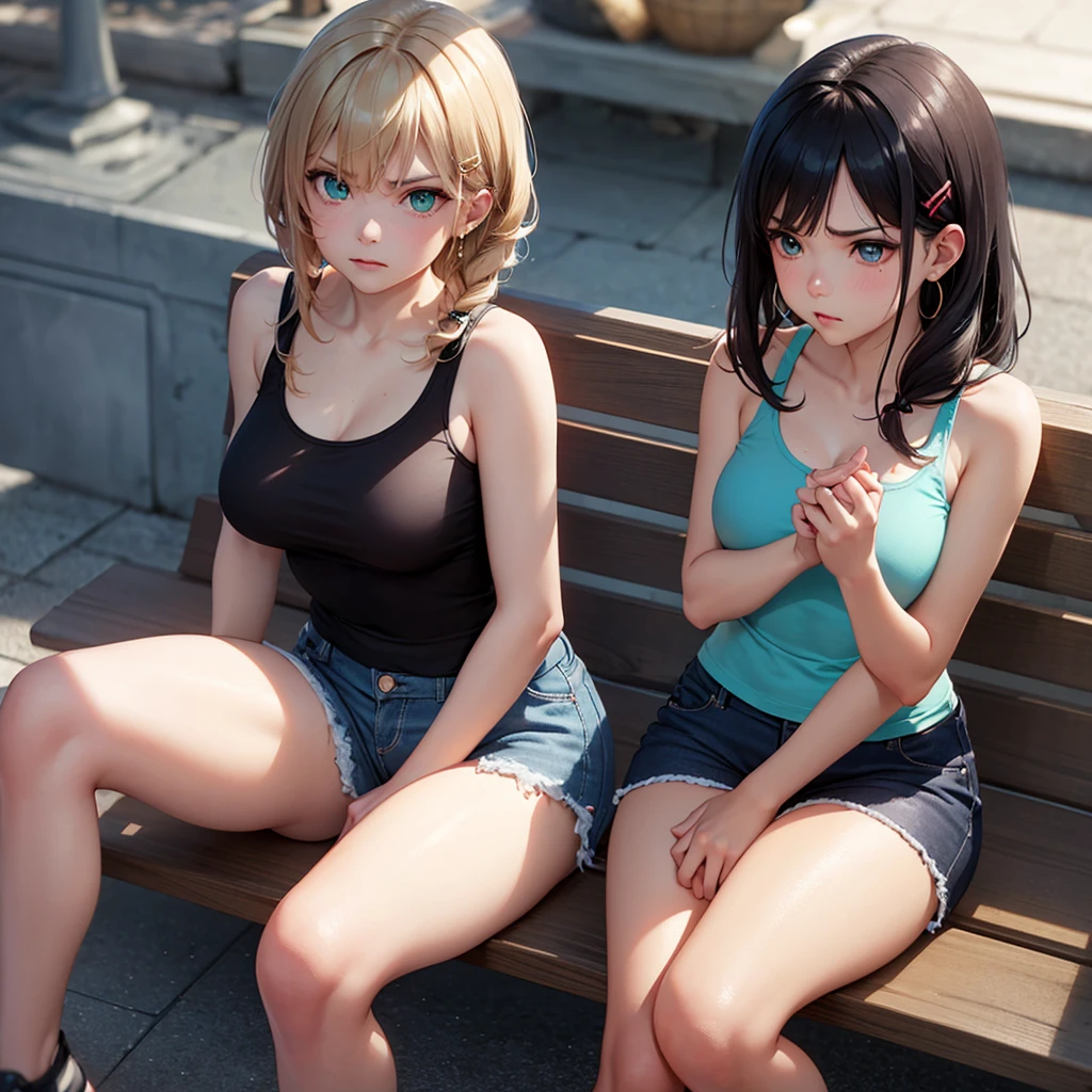 (masterpiece:1.2, Highest quality), (Realistic photos), Beautiful illustrations, (Natural side lighting, Cinema lighting),(2 people:1.2), Japanese, 20-year-old female, Perfect Face, Symmetrical cute face, Glowing Skin,Black short bob、Blonde straight long hair、Dark blue eyes, (Huge breasts:1.2), Cleavage、Earrings、necklace、bracelet、Slender build、Beautiful Hair, Beautiful Face, Fine and beautiful eyes, Beautiful body, Beautiful breasts,Mini Dress、smile、Blushing、whole body、sit side by side、bench、garden