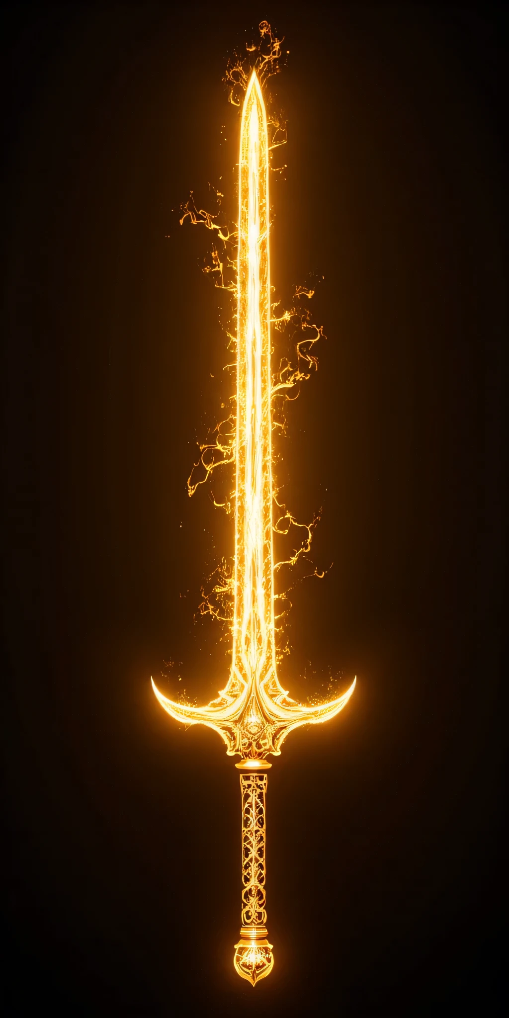Golden aura sword, transparent gold with light gold outline. The sword emanates light golden electric flames. It is suspended in the air.
Cinematic light, 4k, uhd, crystal clear.