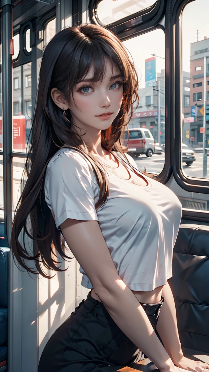 ((Extreme exposure))(High-definition image quality)極Realistic skin texture、High definition face(brown、Very long straight hair、Hair behind the ear、Beautiful moist brown hair、Smooth Hair)((Bright smile、Embarrassed expression))、Gaze(sexy 25 year old girl、Idol Makeup、Eyeliner)(Fair skin)(Sparkling eyes)Smooth Skin、Realistic skin texture ((Oversized T-shirt、Short length、Cleavage、Big Breasts) ((Extremely short denim miniskirt、damage、Super tight、small、Ultra low rise、Panty lines))))A well-proportioned and perfect body、Beautiful armpits、On the position of the chest、Round big breasts、Beautiful valley、Ultra-thin waist、Waistline、Long legs、Glitter High Heels((((In the bus、Sit erotically))))(((((Medium Full Shot))))))