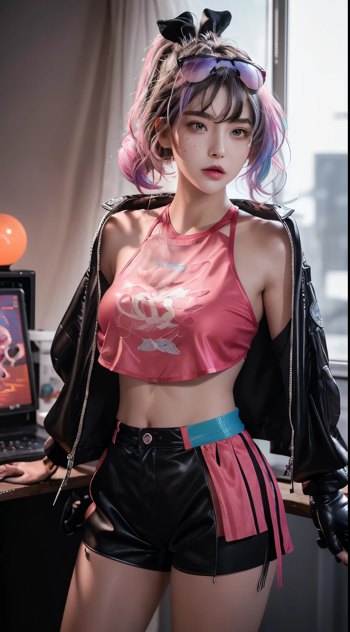 Full body, 1slime girl, li, solo, eye focus with elaborate glow, pink lens flare, movie background, colorful, hyperdetailed, HDR, ultra-detailed eyes, mature, plump, rainbow drops, (supermodel:1.3), composed of paint, fully painted, splash, splash, indoor, (bioluminescent hair: 1.1), (glowing eyes), (makeup)), ferocious, powerful, splashing colors absolutely eye-catching, dynamic angles, beautiful details glow, ambient occlusion, ambient light, ray-traced reflections, retro style, life arcade characters, arcade style world, gloves, jacket, weapons, shorts, black gloves, black jacket, gun, drill hair, black shorts, headglasses, blowing bubbles, chewing gum, (cute face:1.3),