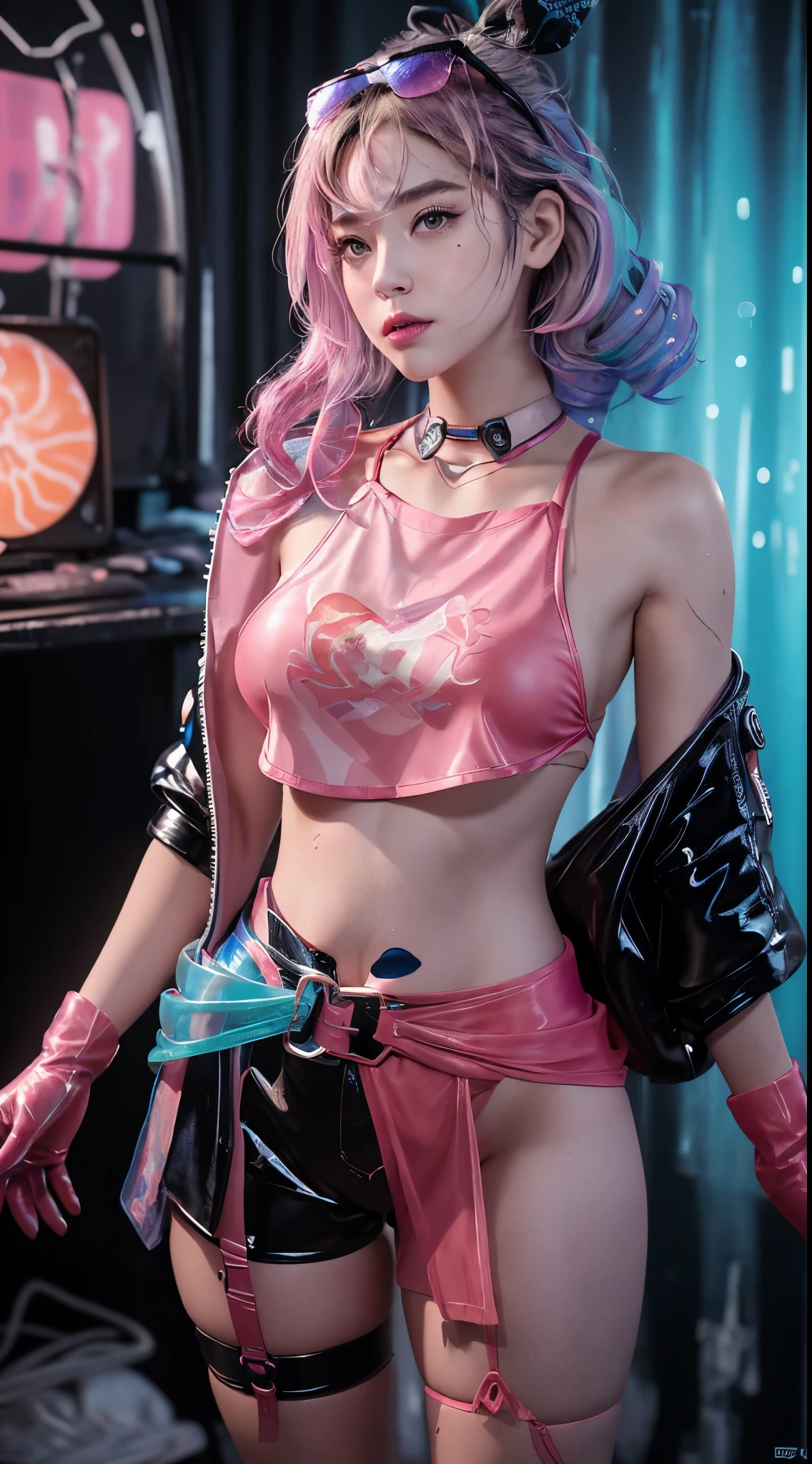 Full body, 1slime girl, li, solo, eye focus with elaborate glow, pink lens flare, movie background, colorful, hyperdetailed, HDR, ultra-detailed eyes, mature, plump, rainbow drops, (supermodel:1.3), composed of paint, fully painted, splash, splash, indoor, (bioluminescent hair: 1.1), (glowing eyes), (makeup)), ferocious, powerful, splashing colors absolutely eye-catching, dynamic angles, beautiful details glow, ambient occlusion, ambient light, ray-traced reflections, retro style, life arcade characters, arcade style world, gloves, jacket, weapons, shorts, black gloves, black jacket, gun, drill hair, black shorts, headglasses, blowing bubbles, chewing gum, (cute face:1.3),