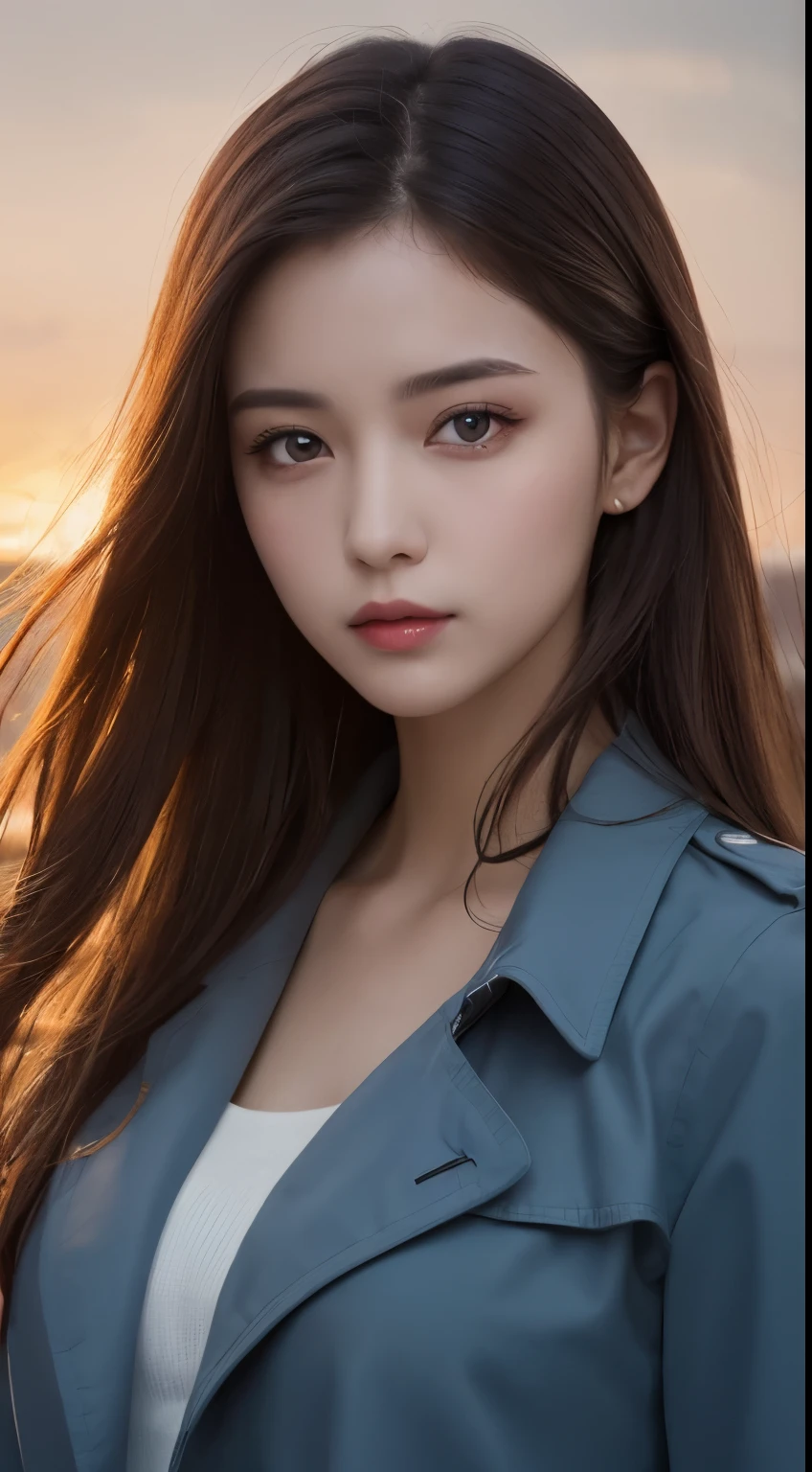 Masterpiece,   best quality  ,   illustration,   ultra detail  ,   in detail,   high resolution, 8k wallpaper,   perfect dynamic configuration ,   beautiful eyes in every detail while wearing a blue trench coat  ,  Women's Fashion Autumn ,  Medium Wave Hair  ,  small 、  natural colored lips,   bold and  pose  ,smile,Harajuku、  20 year old girl、  cute、  staring at the camera 、  in the office ， suit、Sexy shot wearing a blue trench coat  、