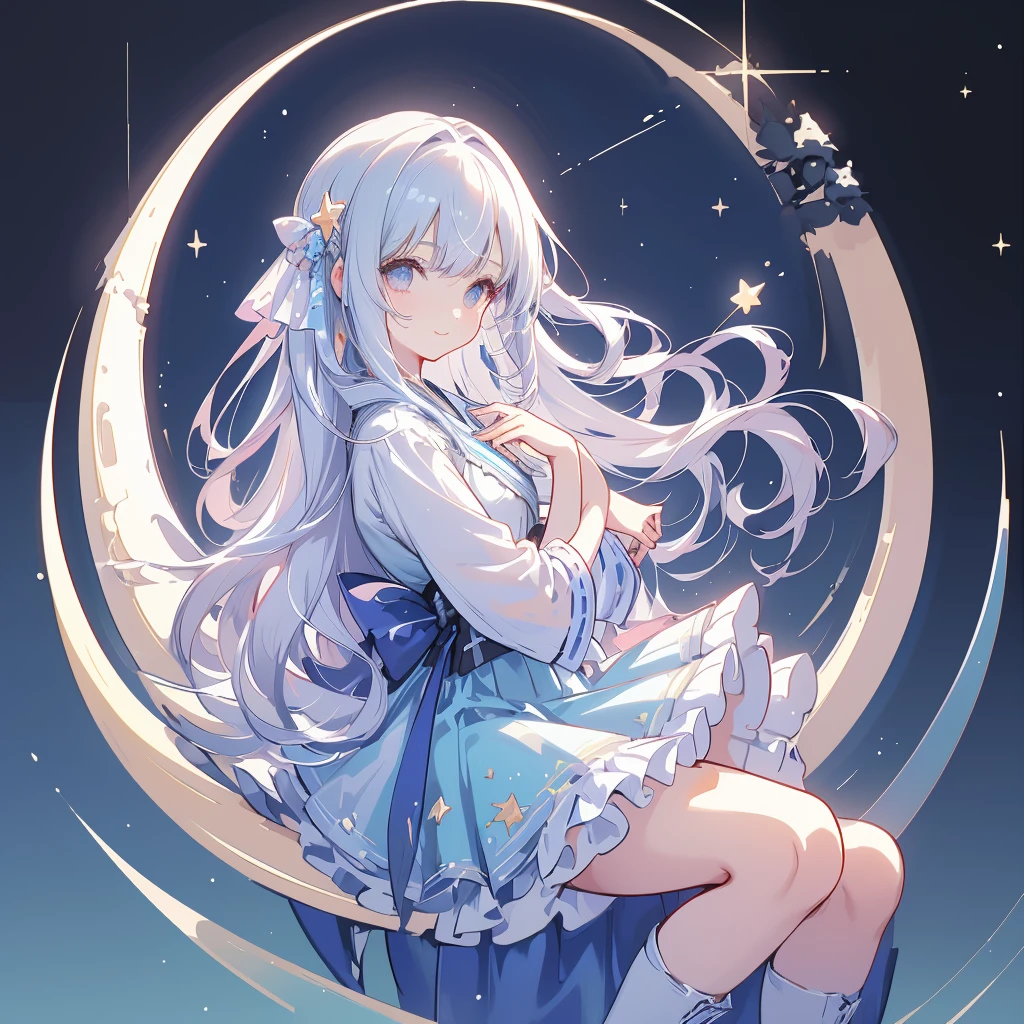 sitting on the crescent moon、(masterpiece, best quality), 1girl, 1girl、vtuber-fullbody、Star Fairy、「A beautifully printed galaxy patterned kimono and gothic ta outfit.、Space pattern box pleated mini skirt with ruffles、Front full body portrait、enchanting eyes、Perfect and stunning face、exquisite details、clear image、highest quality。」Milky white and light blue gradient straight long hair、