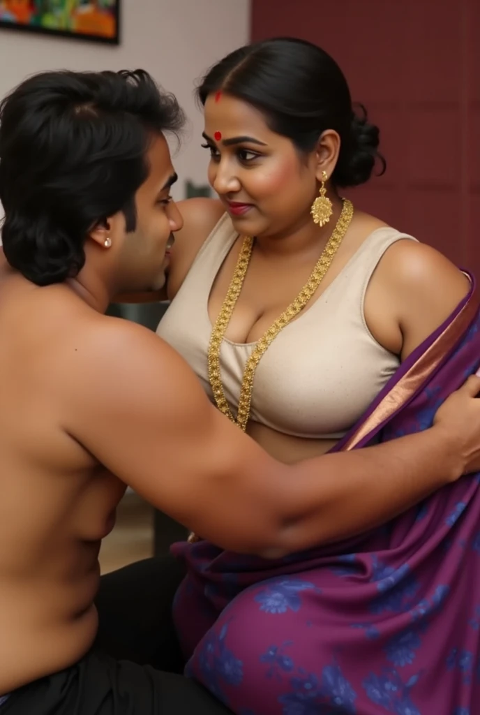 A beautiful gorgeous plump Indian 45-year-old woman wearing saree, huge breasts, cleavage, big ass, hot body curves, sitting on a 21 years old handsome man lap in bedroom, both are in passionate sexy pose, man wearing shirt and pant