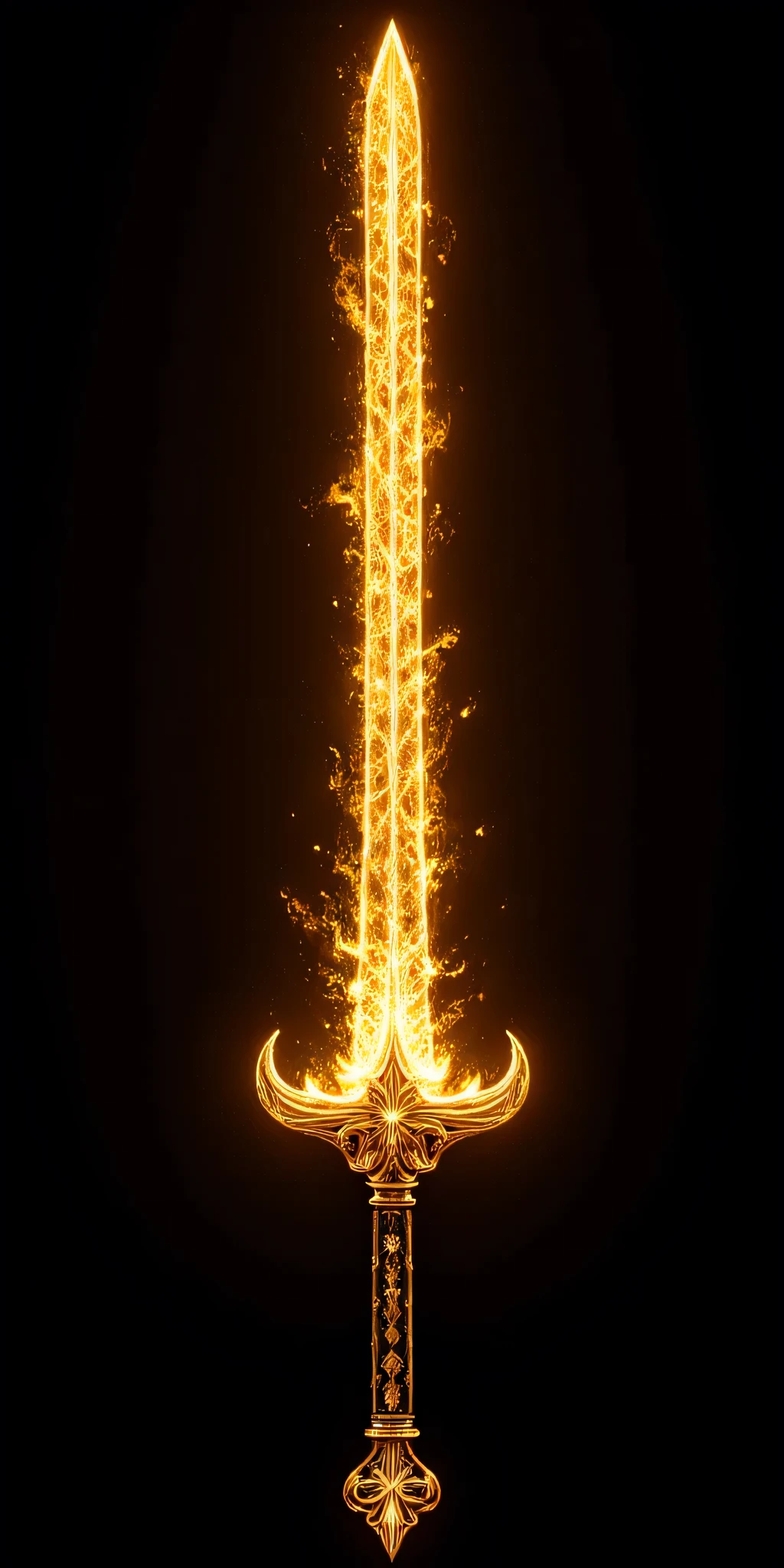 Golden aura sword, transparent gold with light gold outline. The sword emanates light golden electric flames. It is suspended in the air.
Cinematic light, 4k, uhd, crystal clear.