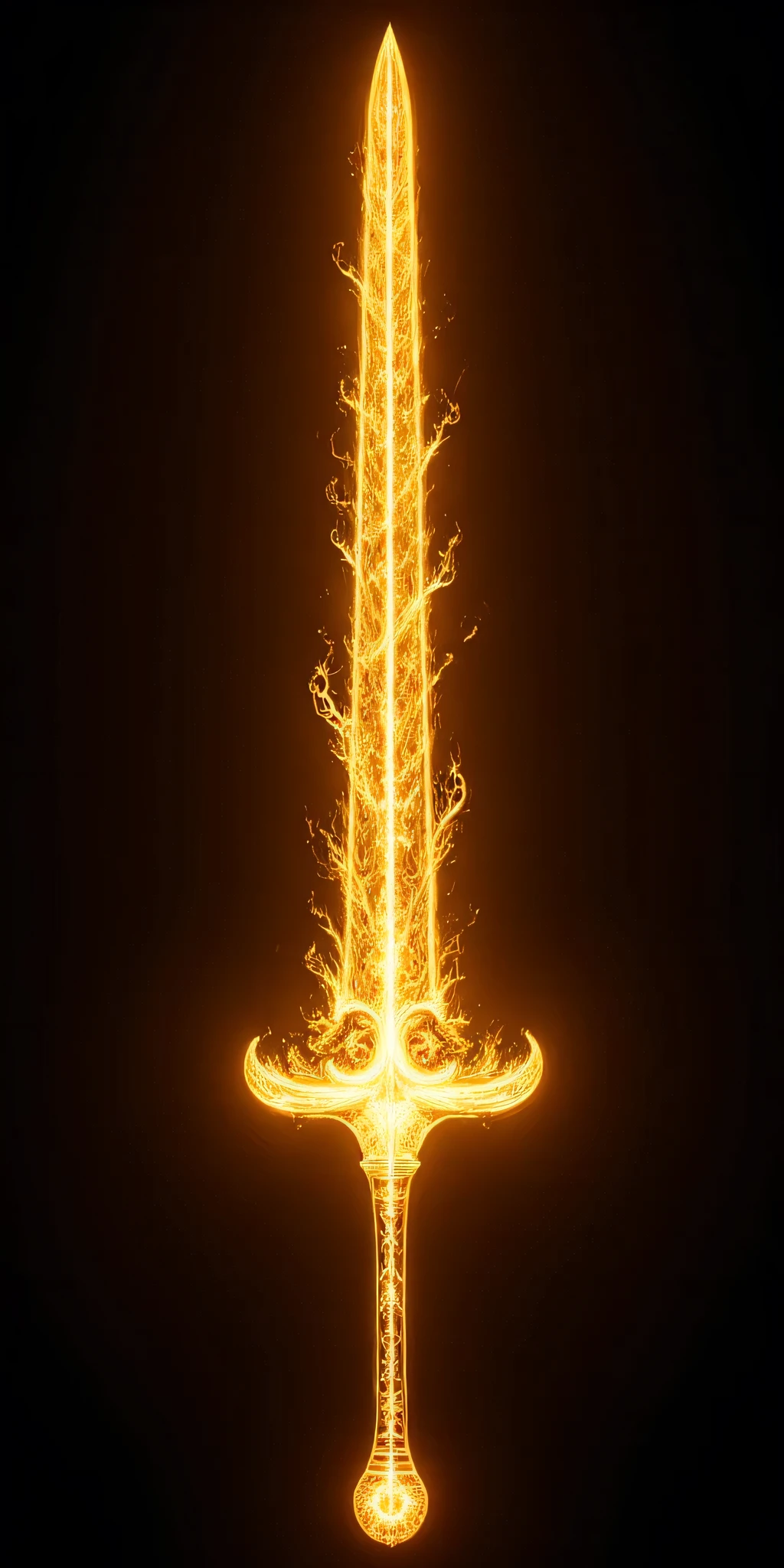 Golden aura sword, transparent gold with light gold outline. The sword emanates light golden electric flames. It is suspended in the air.
Cinematic light, 4k, uhd, crystal clear.