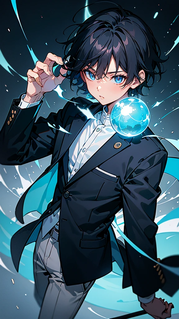 “A -yeld Jaese high school boy with an introspective and thoughtful expression. He has short, slightly messy black hair and wears a standard modern high school uniform: a navy blazer with a white shirt and dark trousers. He holds a glowing sphere in his hand, which casts a soft blue light over his face. His posture is hesitant, reflecting his inner conflict and uncertainty. The background is a calm, suburban townscape with hints of nature, blending the everyday with the extraordinary.”