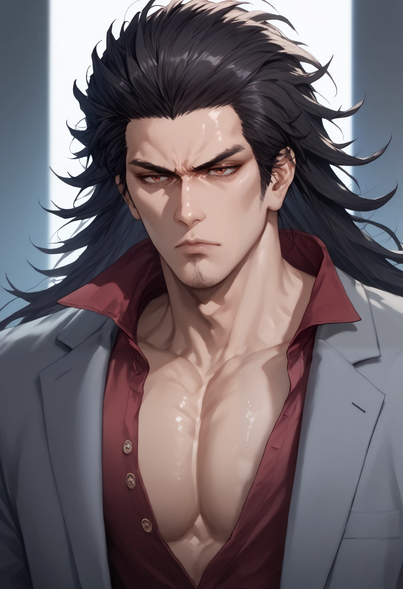Kiryu Kazuma, gloomy Japanese man, Dragon of Dojima, gray jacket, maroon shirt, unbuttoned collar, black balding hair, severe receding hairline, ((balding hair)), naked, big pensil 