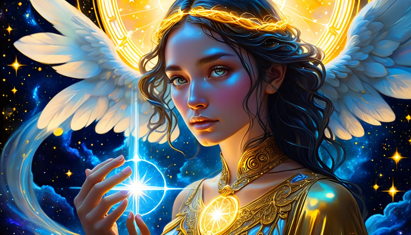 Portrait of a woman,ultra-detailed face,brunette,brown eyes,Arabic features with angelic wings,Nebula background,(best quality,4k,8k,highres,masterpiece:1.2),ultra-detailed,(realistic,photorealistic,photo-realistic:1.37),fine art,studio lighting,professional,vivid colors,portraits,cosmic,colorful tones,soft lighting