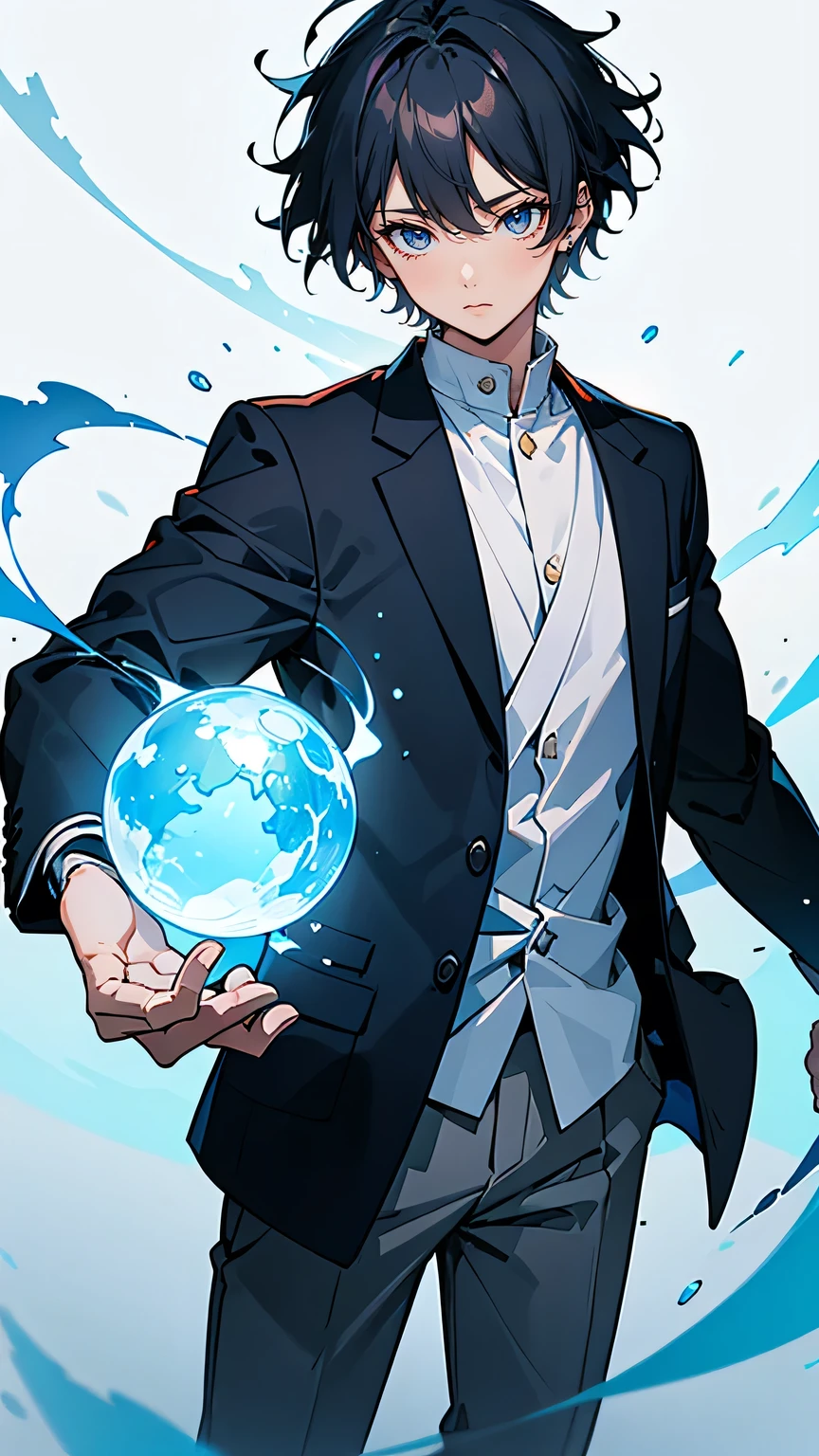 “A -yeld Jaese high school boy with an introspective and thoughtful expression. He has short, slightly messy black hair and wears a standard modern high school uniform: a navy blazer with a white shirt and dark trousers. He holds a glowing sphere in his hand, which casts a soft blue light over his face. His posture is hesitant, reflecting his inner conflict and uncertainty. The background is a calm, suburban townscape with hints of nature, blending the everyday with the extraordinary.”