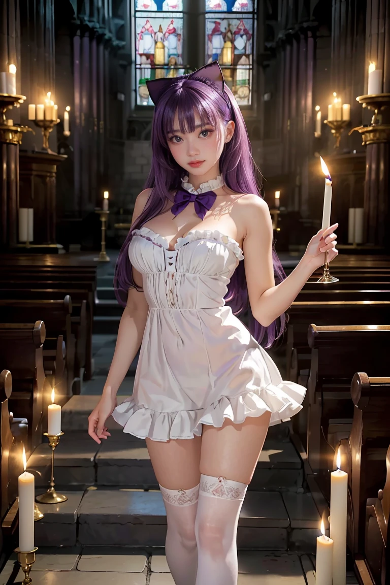 (1 lady), (Best quality at best:1.4), (ultra - detailed), (extremely detailed CG unified 16k), A Beautiful Woman with Perfect Figure: 1.4, Sharp Focus: 1.2, very detailed, High-definition RAW color photo, professional photoshooting, professional cosplay, amazing face and eyes, cosmetics, (amazingly beautiful girl), ((frederica bernkastel)), NOT Dasha Taran, ((purple bow, BLACK AND WHITE DRESS, frills, white kneehighs, kneehighs bow, mary janes, cat tail, tail ornament)), standing, sexyposture,(Dark and stylish cathedral, stained glass, altar, before the altar, candle lights, candle lights:1.3), (look from down), realistic cinematic face, head to feet long wide zoomed out view, full body long view, photorealistic, ((realistic natural purple hair style, purple eyes, long hair)), gorgeous, extremely beautiful face, perfect model beauty, pout mouth, Highly Detailed Face and Skin Texture, Detailed Eyes, Double Eyelids, Big Breasts, Smile, cleavages, western, (masterpiece), best quality, high resolution, extremely detailed, blurred background, depth of field, cinematic lighting, amazing legs, high heels, clear and well-cared skin,