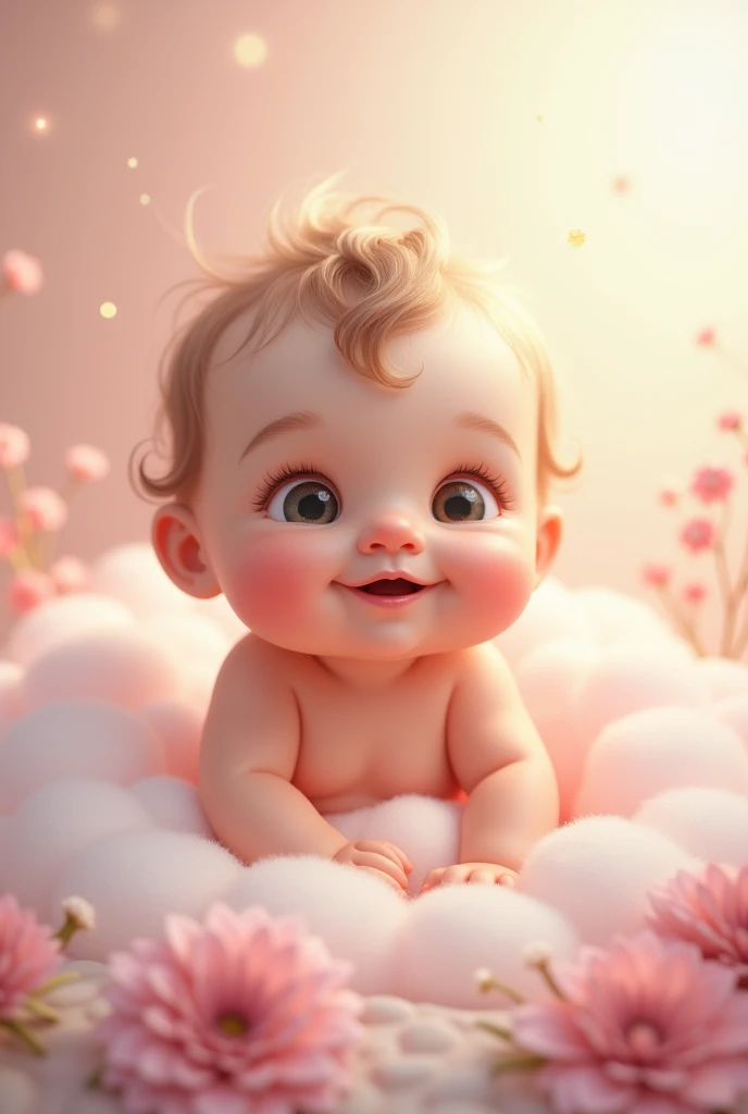 on a light background, Funny Newborn Baby , rosy-cheeked, Very fat, The eyes are blue, smiles and looks at the viewer, holds a pacifier, in a white basket, snow-white on the sides , transparent blue lace, frill, next to a blue flower of a white lotus, covered with a transparent veil, a transparent pink on the side of the head , 8 K (masterpiece), ((top quality)), (super detailed), arms and legs folded funny, makes you smile , holds a blue pacifier,