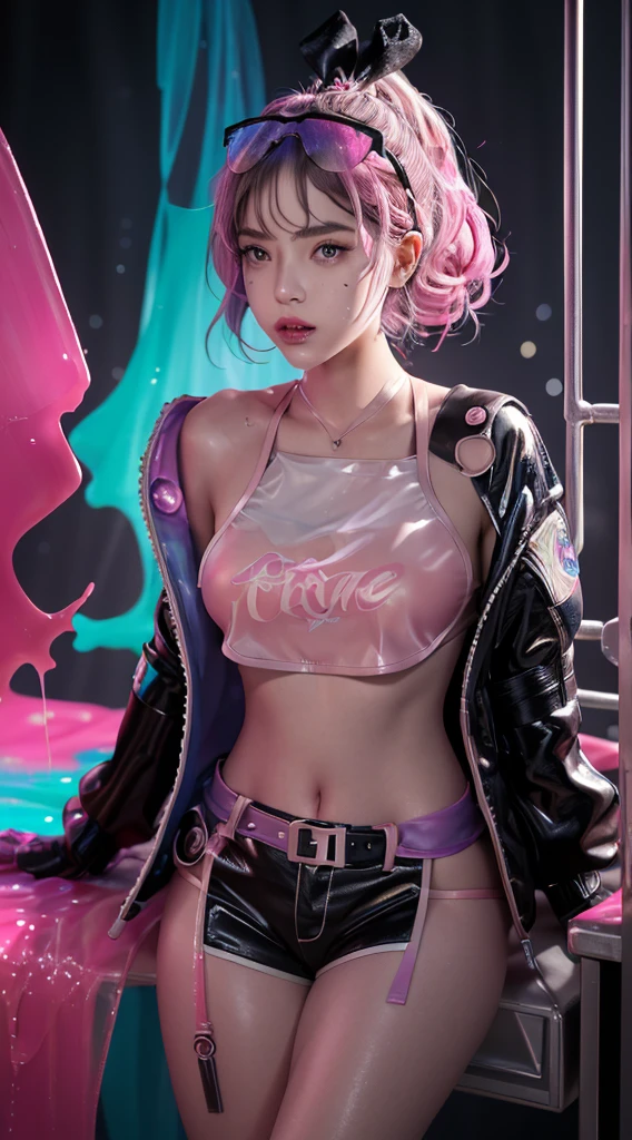 1girl, the boss of the company, long black wavy hair and gray eyes, tall, thin, sexy, contempt and arrogant and elegant, from the 21st century behind her there is a window showing the different buildings of the city, ((black translucent jacket open front, pink bra, panties)), lower body slender