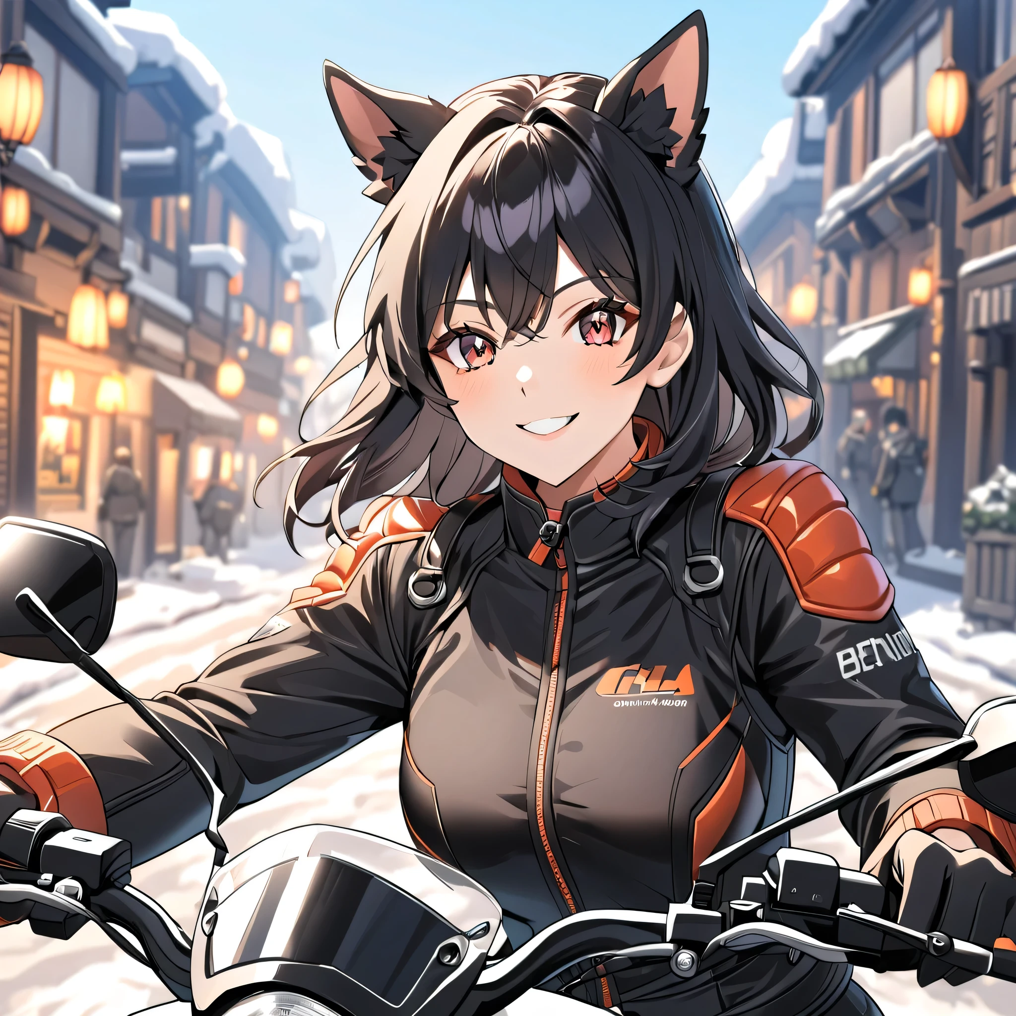 Age 19, Woman with Dog Ears, Very black hair, black ear , smile,winter, Rider suit , motorcycle,Anime Images, upper body,The length of the hair is about the shoulders,There is wind