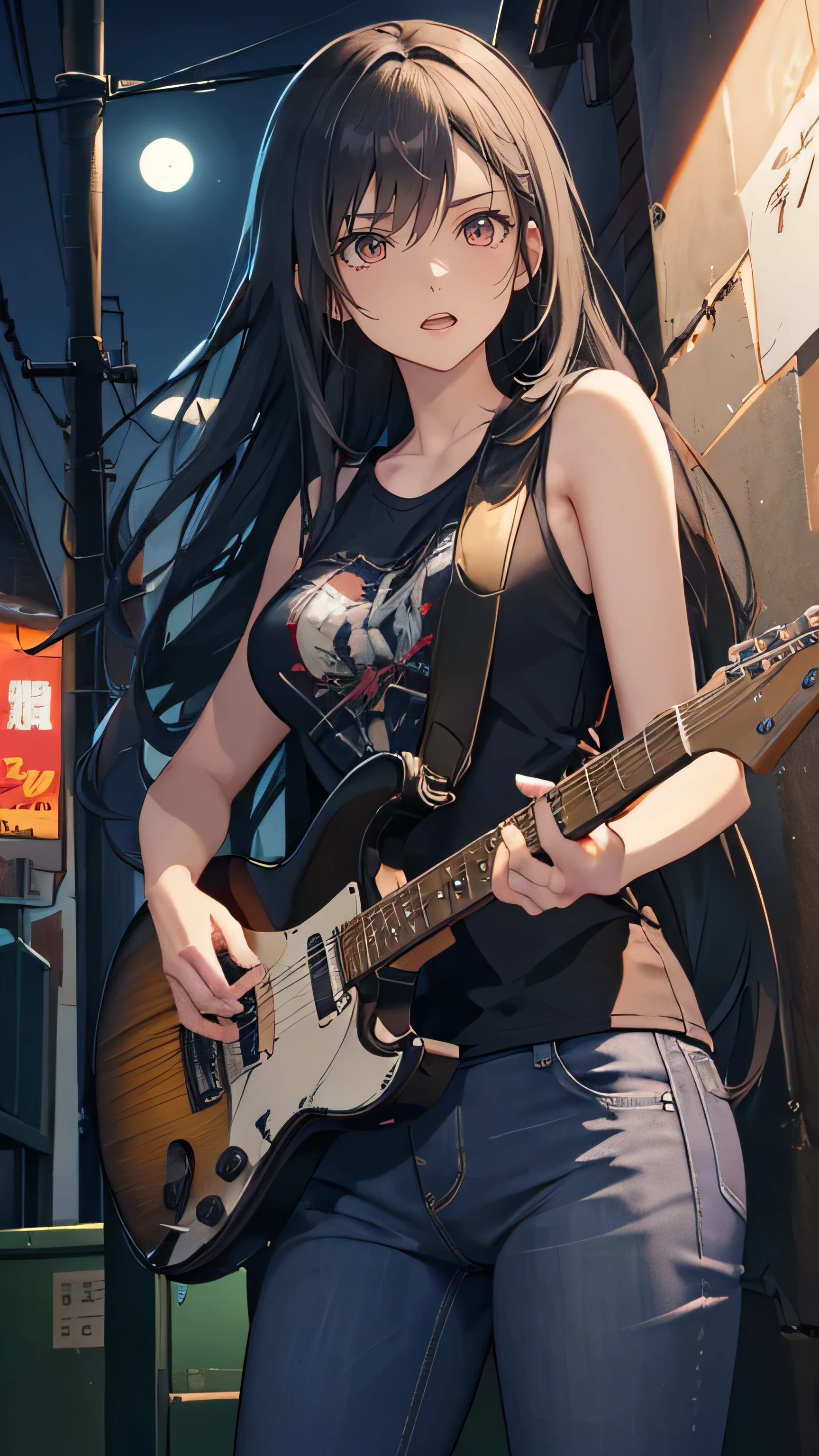 最high quality、Best image quality、masterpiece、girl((18-year-old、 By becoming、Best Bust、Medium Bust,Wide open breast tea、Red glowing eyes,Black Hair、Red Mesh、Disheveled Hair、Lointail、thin,The highest valley、Open chest、Luminous Wristbands、hair ornaments、Show the whole body,Black short sleeve T-shirt、Short denim trousers、Leaning forward、smile、Holding a guitar、Performance、sing)),high quality、Beautiful art、background((Large shopping malls,Square))、Flight、Flying debris、Written boundary depth、movie、Visual Arts、Perfect art、8K,Genuine,