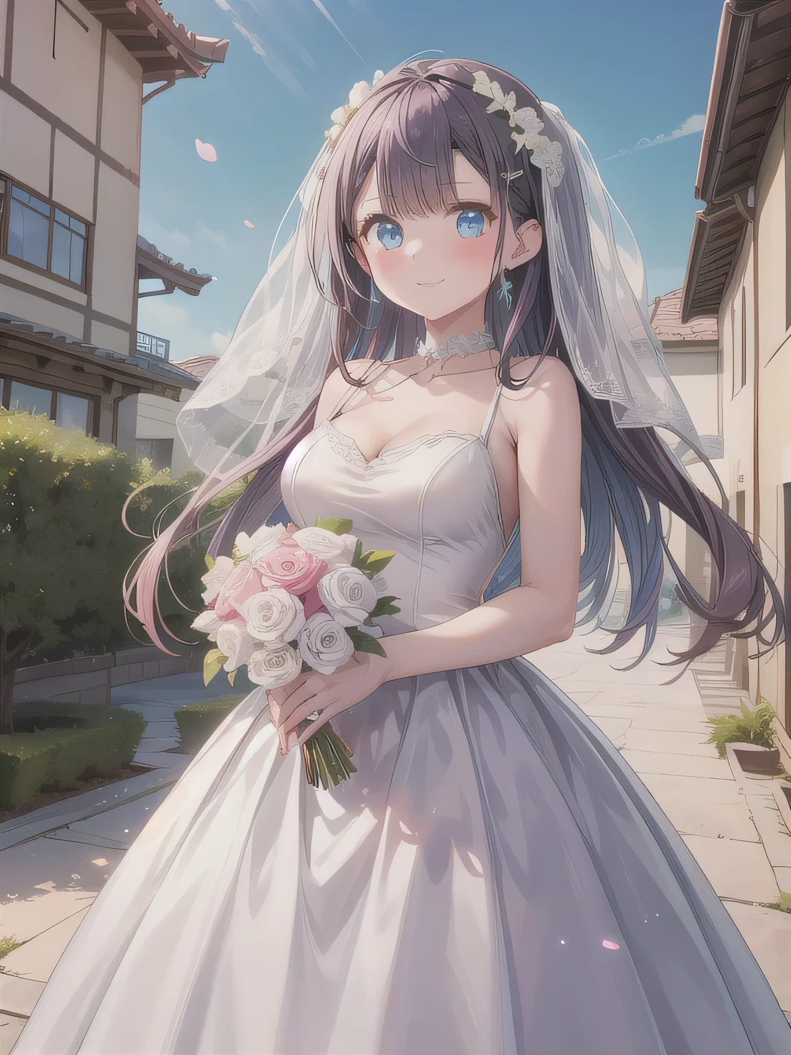 A stunningly beautiful 20-year-old woman standing in the courtyard of a luxurious mansion under a clear blue sky. She is wearing a white and blue wedding dress and holds a red bouquet with both hands in front of her chest. She looks very happy, with a radiant and joyful expression.  青い目, 編み込み, 長い髪, twin 編み込みs, ピンクの髪.