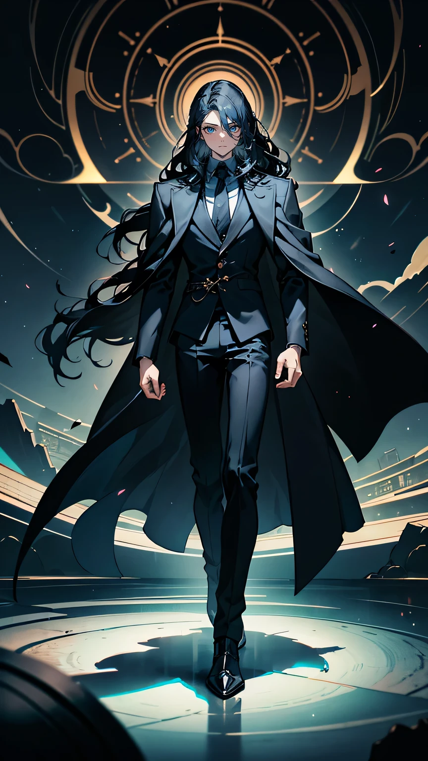 “A mysterious man in his late twenties, standing in a surreal dreamscape. He wears an elegant, long, dark coat with intricate designs that blend elements of both modern and timeless fashion. His hair is medium-length and slightly wavy, casting shadows over his sharp, calm features. His eyes are partially obscured by the shadows, giving him an enigmatic aura. Behind him, the dreamscape is distorted, with fragmented cityscapes and warped reflections. Soft light surrounds him, emphasizing his role as a guide in this strange world.”