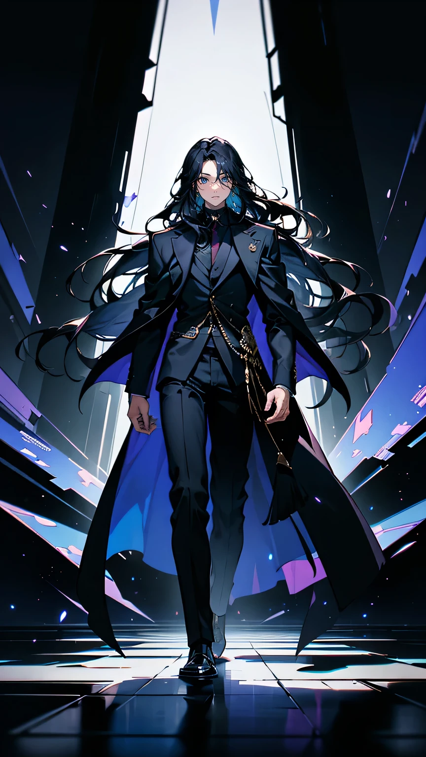 “A mysterious man in his late twenties, standing in a surreal dreamscape. He wears an elegant, long, dark coat with intricate designs that blend elements of both modern and timeless fashion. His hair is medium-length and slightly wavy, casting shadows over his sharp, calm features. His eyes are partially obscured by the shadows, giving him an enigmatic aura. Behind him, the dreamscape is distorted, with fragmented cityscapes and warped reflections. Soft light surrounds him, emphasizing his role as a guide in this strange world.”