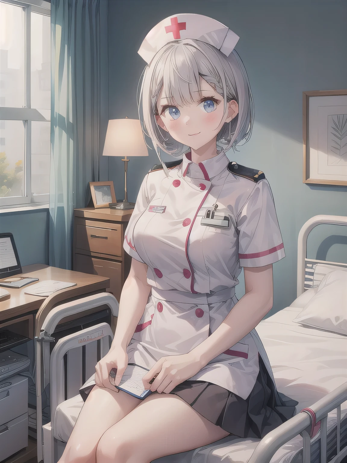 A woman with silver bob hair and blue eyes, gazing condescendingly at the viewer with a cute grinning expression, extremely detailed and realistic, masterpiece quality, ultra-detailed, HDR, studio lighting, vivid colors, physically-based rendering, nurse, wearing white nurse costume, in a hospital, sitting a bed