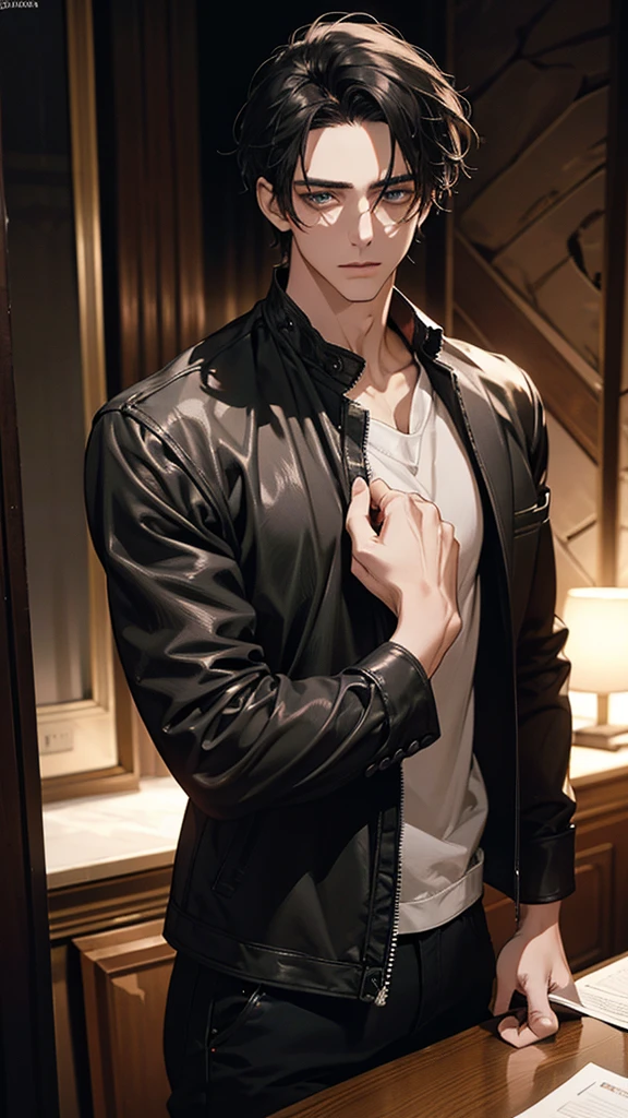 8K resolution, ultra-fine detail, delicate picture, intense ray tracing, masterpiece, high quality, detail light, ray tracing, 1 man, short gray hair, perfect face, blue ear drills, strong body, full body shot, leather jacket, jeans, casual shoes, drinking at a bar, photo pose