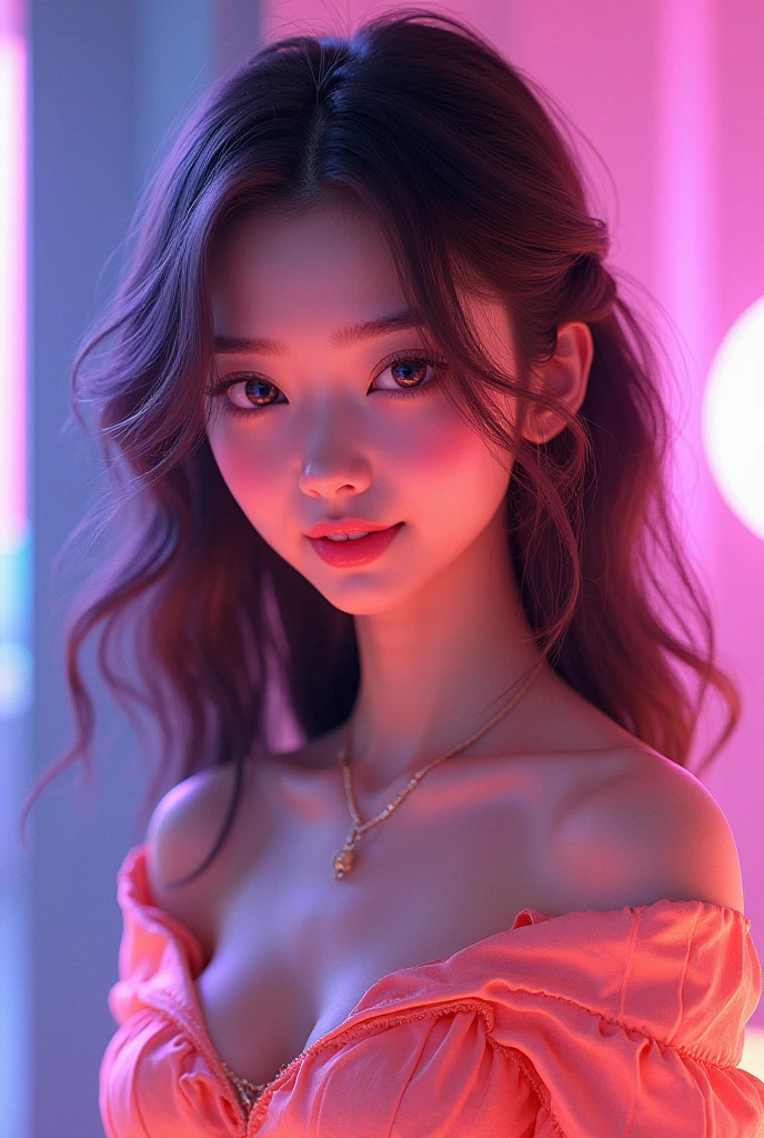 (masterpiece,best quality:1.4),(8k,raw photo,photo realistic:1.2),(shiny skin),detailed skin,detailed face,detailed eyes,Sparkling eyes:1.3,Symmetrical eyes,Detailed Background,detailed hand,1girl,natural make-up,(((cute teen))), (Fancy costumes), natural breasts,young trendy hair, ((Teen average breast)),(((Ballerina dancing gracefully))),((shiny cleavage)), (very beautiful cute), (beautiful asian),, girl cute-fine-face,,Cute smile, (super detailed gracefully Costume Fancy design,trend),nsfw,sexy Instagram style,,face of the Golden Ratio,gracefully in Japan,(((Japanese teenagers))),Great location, ((Neon Background)),(cowboy shot),breast angle