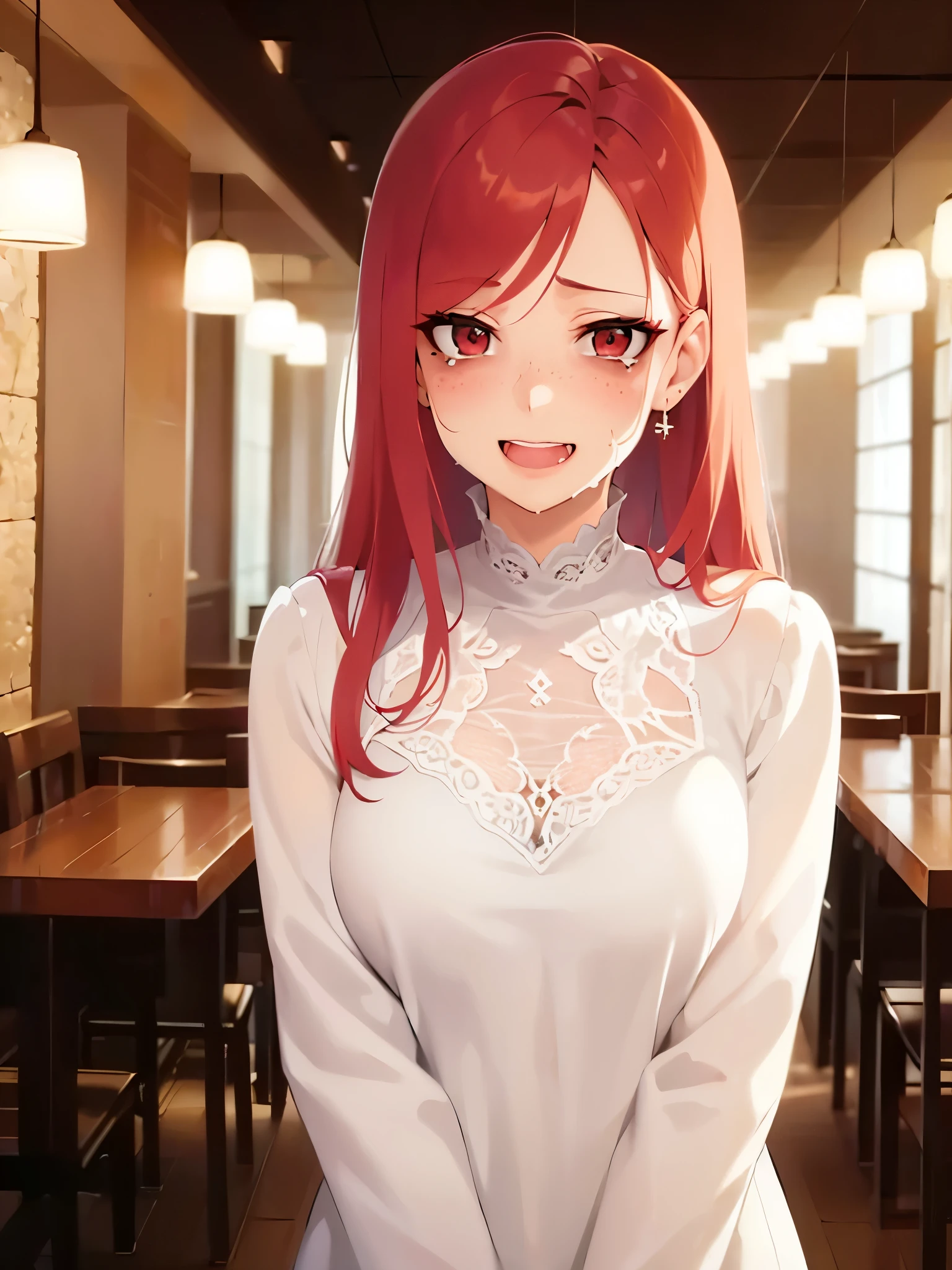 freckled skin, (wrinkles skin:1.5), pimple,
Realistic, real person, RAW photo, photorealistic,
(50-year-old woman)and (long hair)and (red hair) and (red eyes),
BREAK(white) and (long sleeve lace blouse)BREAK,
smile,(wry smile),(cry:1.5),(open mouth),
inside the interior of a restaurant,at night
standing,
(alone:1.5),