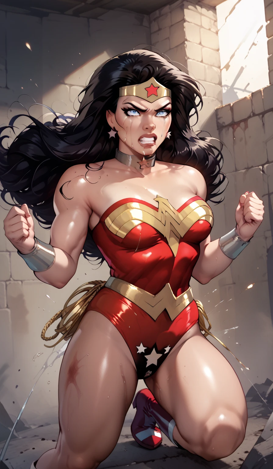 (((Levantando toda a saia))), ((She's wearing lacy white panties)), ((she's in the Fortress of Solitude)), (she's wearing ballerina shoes), ((SUPERHEROINE Wonder Woman in acrobatic pose)), ((vezes, vagabunda, prostituta, vadia)) She's sweaty all over her body. She's screaming in terror, She's terrified, She's crying a lot. ((ela tem cabelo preto, ela tem cabelo longo)), ((She's wearing pantyhose and a ballerina skirt)), ((Wearing a thick metal necklace around the neck )), (She screams and begs for mercy), (Ela cai no choro). (Wearing a thick metal necklace around the neck with a chain). Usando maquiagem pesada no rosto. (Your clothes are immoral, your clothes are indecent).((Shibari, arms behind back:1.4)), ((hands on back)), (obra-prima, melhor qualidade) 1.5, 1girl, sozinho, (sexy, mulher bonita, rosto perfeito, olhos perfeitos) corpo inteiro, (((rope bondage))), (((arms behind back))), (((Totalmente amarrado))), ((Strong content)), ((Desamparada)), ((cabelos pretos)). ((High Definition Face)), (((She's dressed as a ballerina, She is forced to dance ballet )))
)