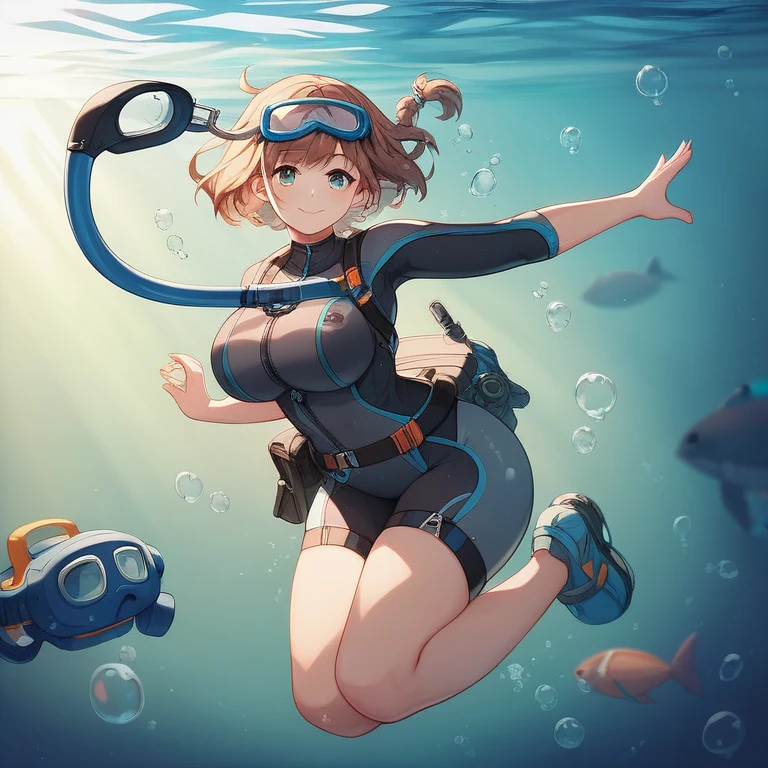 masterpiece, best quality,
 <lora:Kaji-20:0.7> Kaji, blonde hair, long hair, yellow eyes, parted bangs, diving mask, 
(underwater), scuba gear,  diving, coral reef,  scuba gear, 
colorful (fish),