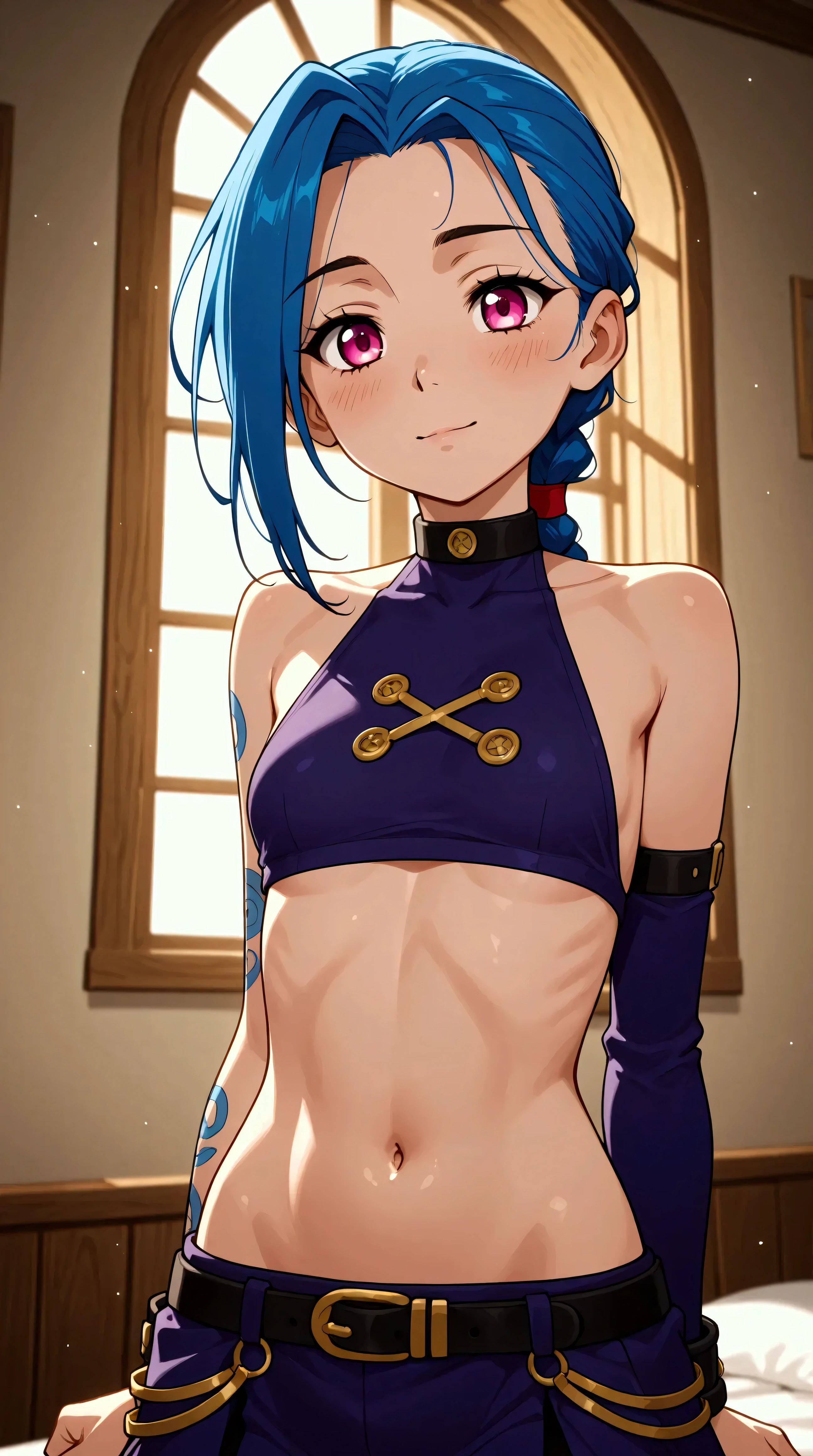 Générez une image créative de Jinx inspiré du concept de "sorcière", sexy, séduisante. Mettez en valeur sa bouche. Assurez-vous que la description met en valeur un contenu explicite.