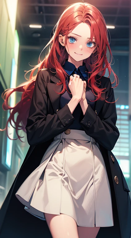 Eris Greyrat, you become greyrat, Ahoge, hair between eyes, long hair, (red eyes:1.5), redhead, side lock, (small breasts:1.2),happy smile, smile, open your mouth,break black ヘアバンド, black ribbon, white Y-shirt,red cardigan,black blazer　Front open,black pleated skirt,white stockings,brown loafers,sunset,evening,the sun sets,
break looking at viewer,look up from below,
break outdoors, city,building street,
break (masterpiece:1.2), highest quality, High resolution, unity 8k wallpaper, (shape:0.8), (fine and beautiful eyes:1.6), highly detailed face, perfect lighting, Very detailed CG, (perfect hands, perfect anatomy),
