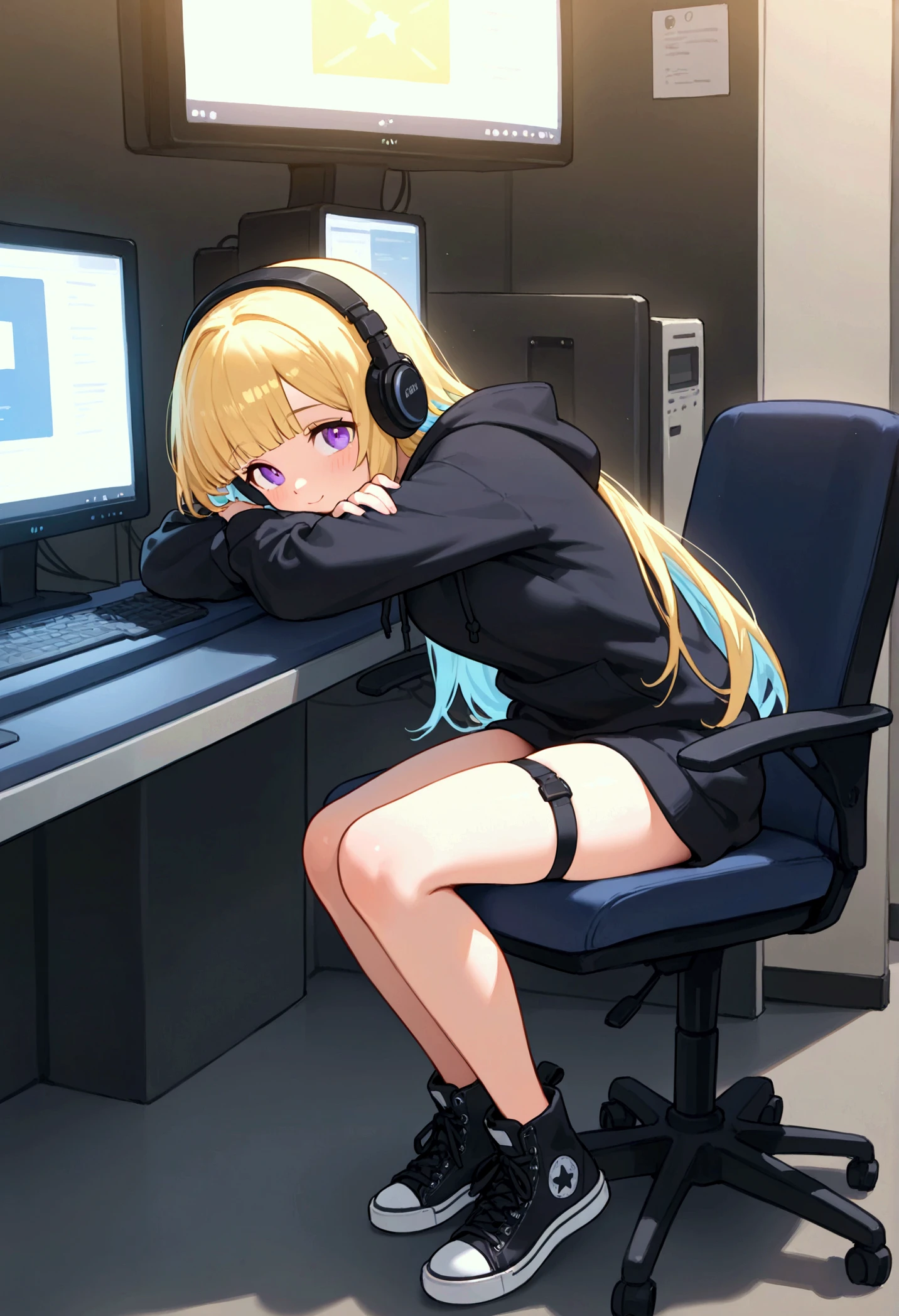 anime girl with baggy t-shirt and headset, pale blonde hair, blue eyes, sitting on a gaming chair, skinny body, short, dark room, blue light from her computer lighting her face, touching herself