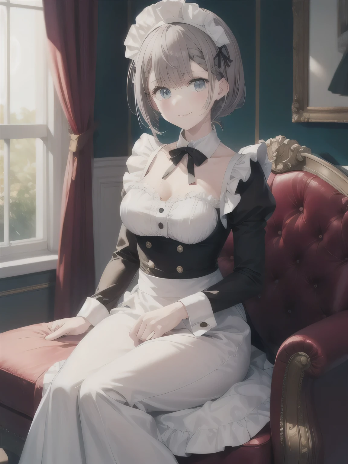 Depict a 20-year-old, very beautiful woman in a luxurious mansion room. She is dressed in a classic black-and-white maid outfit with a short hem and wearing a white brim cap. Her expression is confident, and she is smiling warmly. The setting includes elegant furnishings and decor typical of a grand estate, with soft, natural lighting to enhance the sophisticated atmosphere. ピンクの髪, 青い目, 編み込み, 長い髪, twin 編み込みs.