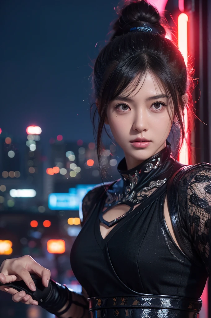 "(Exquisitely drawn CG Unity 8k wallpaper, Masterpiece quality with stunning realism), (Best lighting, Best Shadow), (highest quality), (Elegant and devilish style:1.2), Artistic modern anime. Diagonal view, A close-up full-body portrait of a stunningly beautiful mature Chun-Li from Street Fighter。 ((Dark brown hair:1)), ((White lace-up boots:.5)), Dynamic pose, (Blue Chinese Dress:1.5), Amazing body, in china at night with neon lights, Shy and shy、Frivolous、Sexy、Cute expression, The body is slim, Very decorative and detailed, Brown see-through pantyhose, Depth of field blur effect, night, Full Zoom, Action Portrait, Realistic. Cinema Lighting, Very detailed. highest quality, 4K, Better Hands, Perfect Anatomy, Shortening effect, Shy and shy sexy expressions, Makes legs look shorter, (Sharp Eye:0.8), Surrounded by an ominous and dark atmosphere, Dramatic and striking lighting accents, Surreal fantasy feel". (Wearing white laced military boots:1), (night:1), (Side view:.5), (Lifted my butt:1), (metal spike bracelet:1), (Leaning forward:1), (White ribbon flowing from hair bun:1.5) (Front view:1)