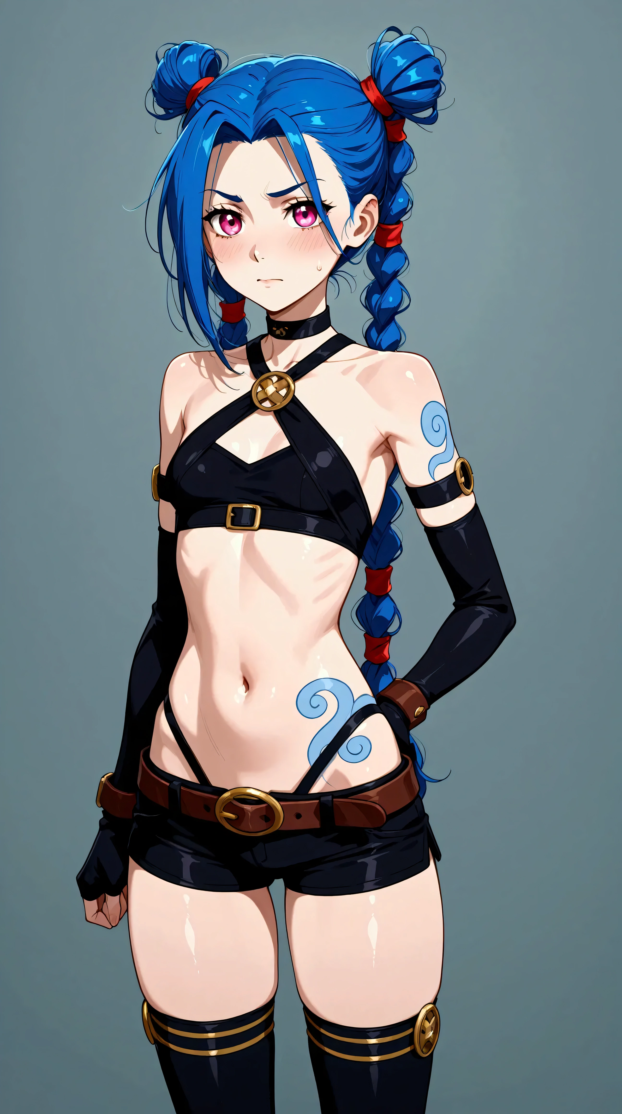 Générez une image créative de Jinx inspiré du concept de "sorcière", sexy, séduisante. Mettez en valeur sa bouche. Assurez-vous que la description met en valeur un contenu explicite.