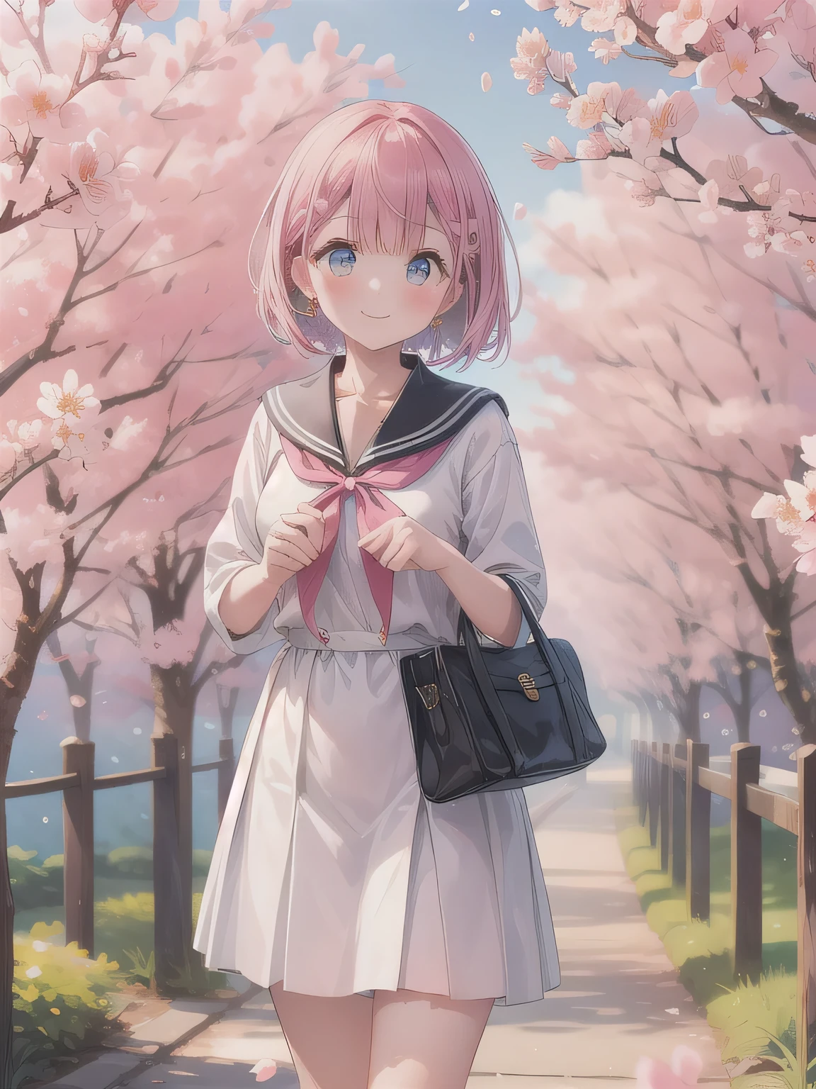 Depict a 20-year-old, very beautiful woman standing under a row of fully bloomed cherry blossom trees. She is dressed in a classic black-and-white sailor-style outfit with a short hem. Her cheeks are slightly flushed, and she is smiling gently, radiating a cheerful and charming aura. The background is filled with vibrant pink blossoms and soft natural light, creating a serene and picturesque scene. ピンクの髪, 青い目, 編み込み, 長い髪, twin 編み込みs.